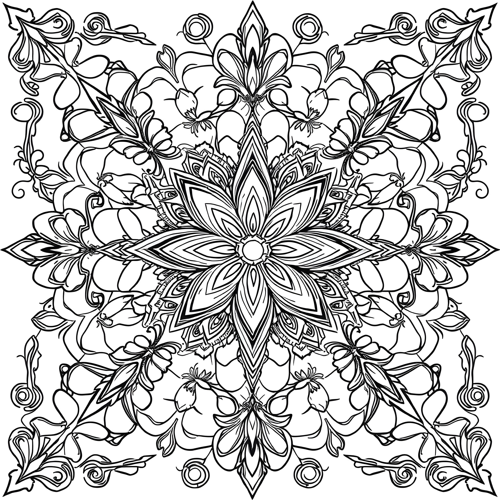 Patchwork of Intricate Floral Patterns Coloring Page (free black-and-white line drawing printable PDF for all, from beginners to advanced learners, including children, teens, adults, and seniors)