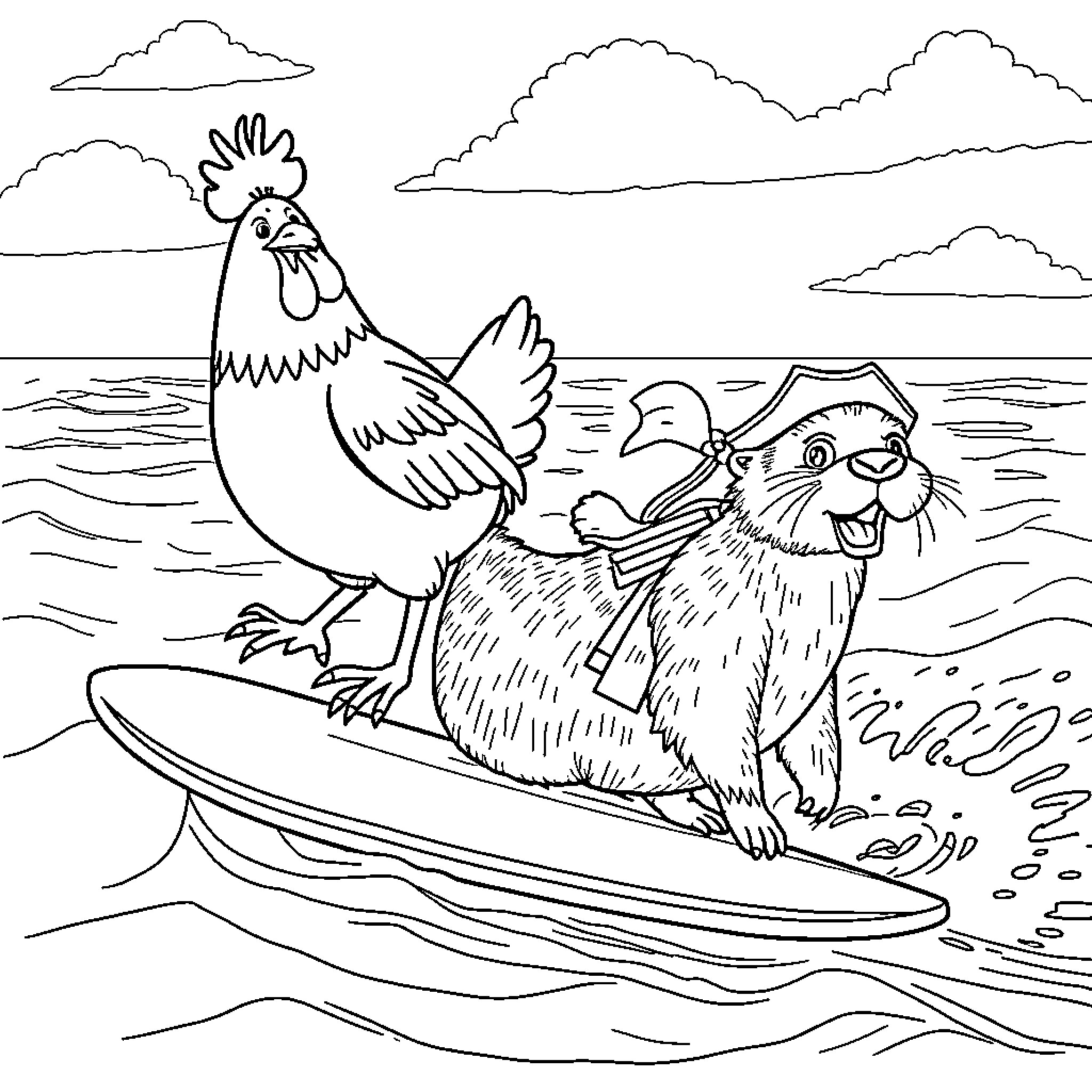 Chicken and Otter Paddling in a Boat Coloring Page (free black-and-white line drawing printable PDF for all, from beginners to advanced learners, including children, teens, adults, and seniors)