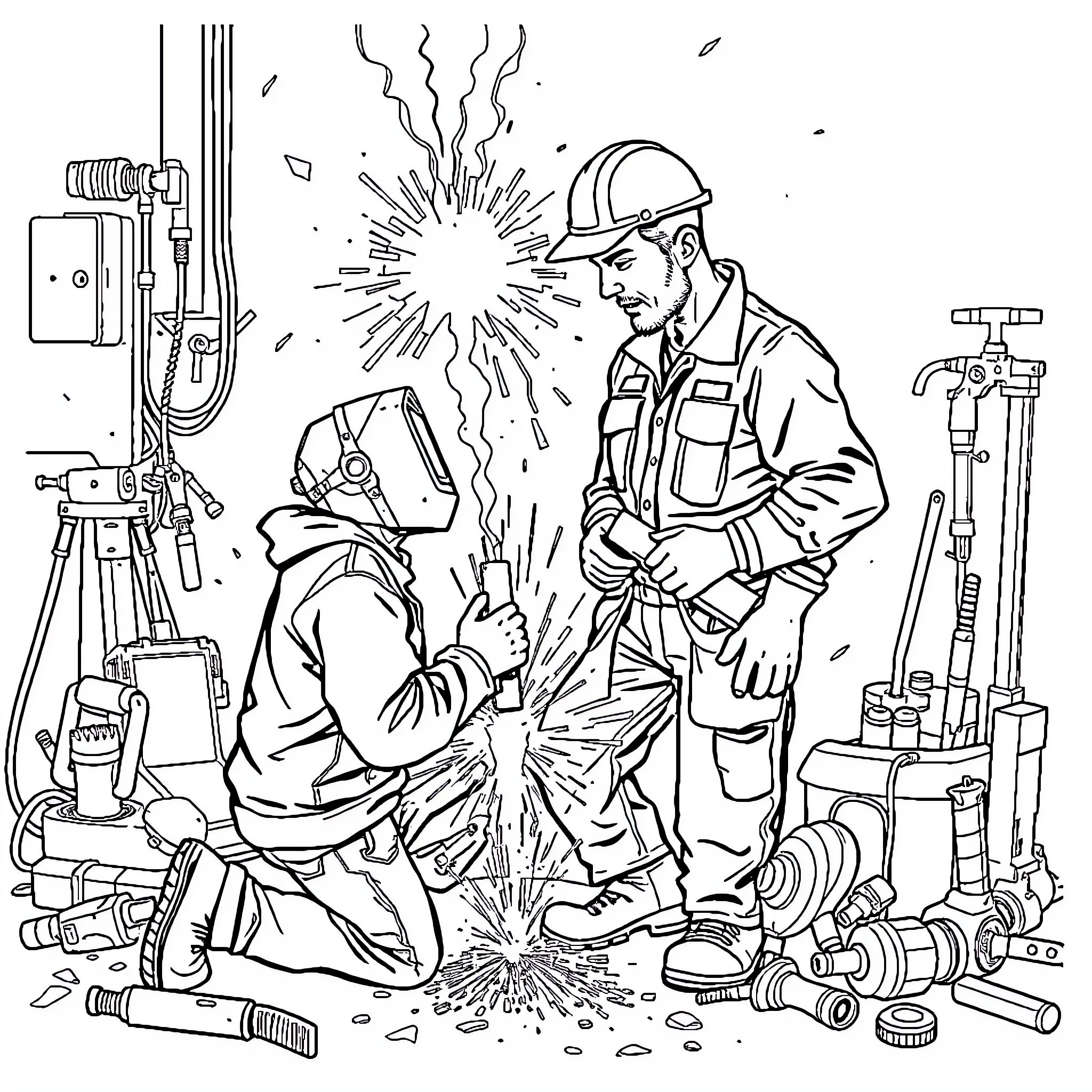 Welder working on construction site with tools Coloring Page (free black-and-white line drawing printable PDF for all, from beginners to advanced learners, including children, teens, adults, and seniors)