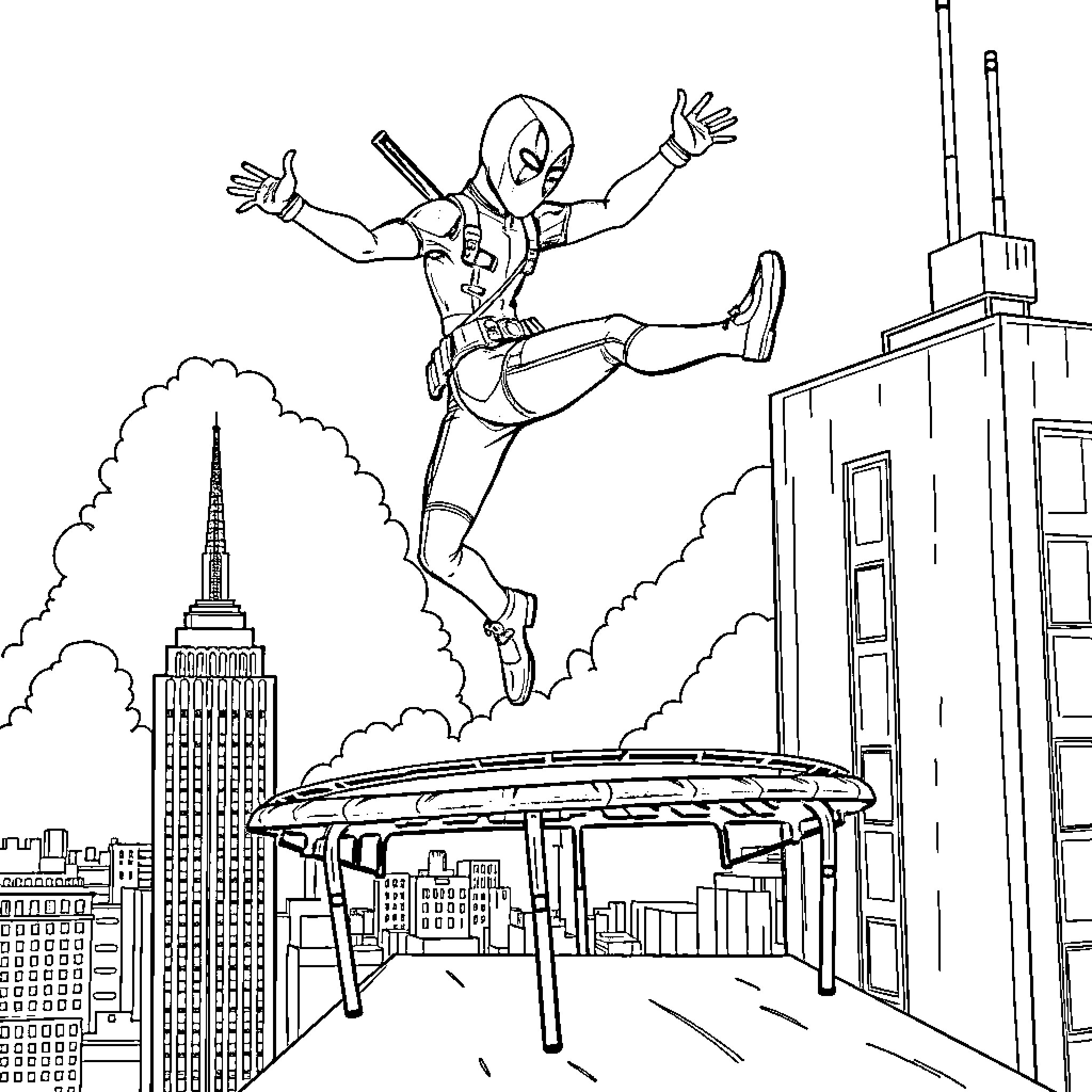 Deadpool jumping high above the cityscape Coloring Page (free black-and-white line drawing printable PDF for all, from beginners to advanced learners, including children, teens, adults, and seniors)