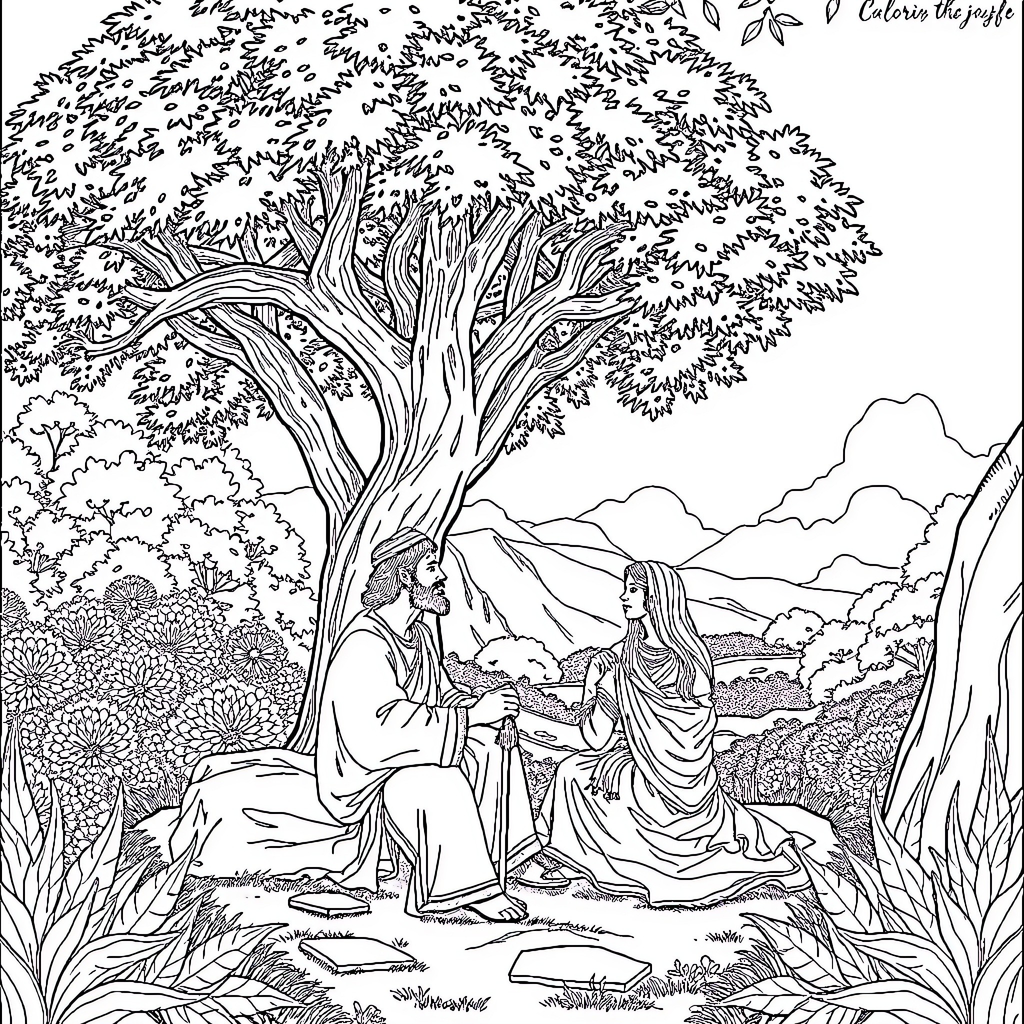 David and the Wise Woman in the Serene Countryside Coloring Page (free black-and-white line drawing printable PDF for all, from beginners to advanced learners, including children, teens, adults, and seniors)