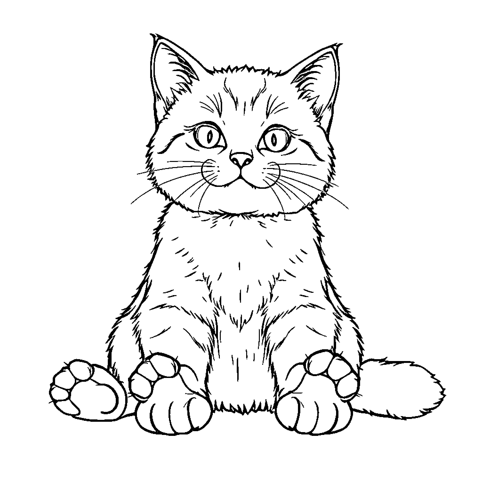 Cat sitting with alert expression Coloring Page (free black-and-white line drawing printable PDF for all, from beginners to advanced learners, including children, teens, adults, and seniors)