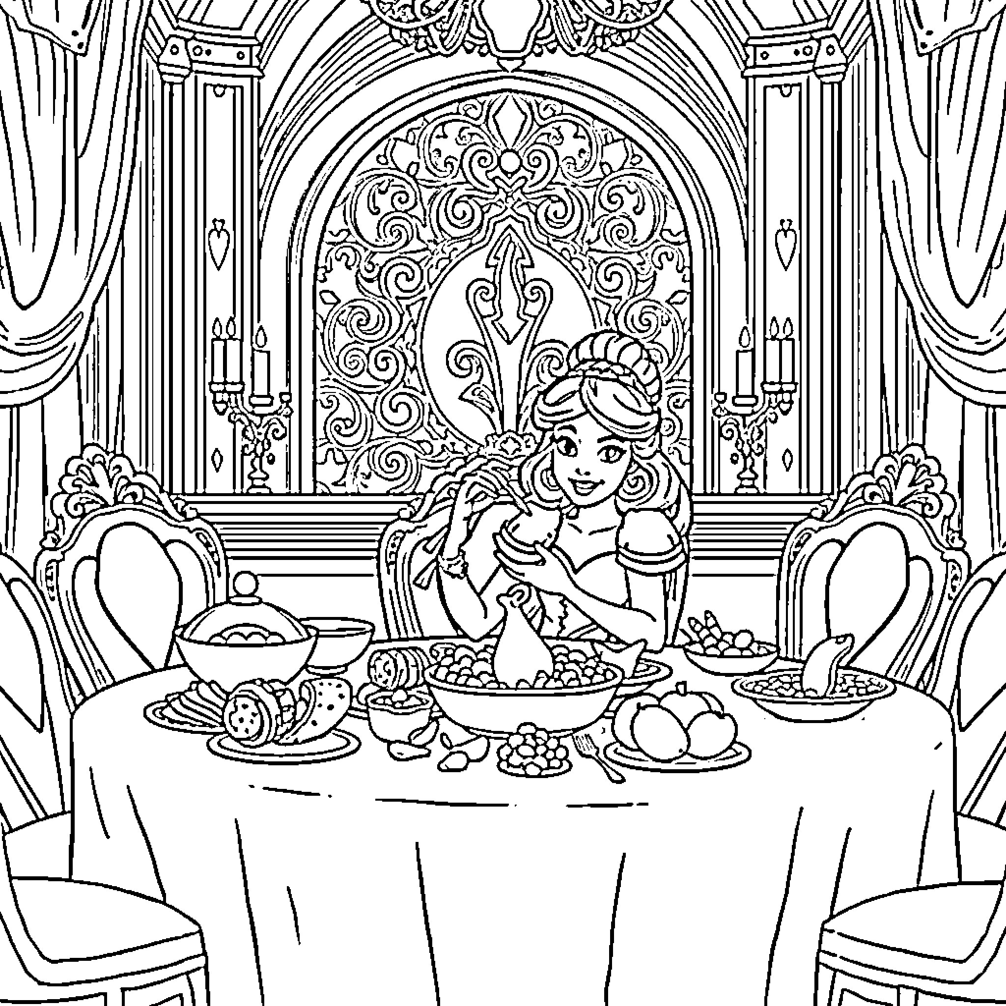 Princess enjoying a royal feast in grand palace Coloring Page (free black-and-white line drawing printable PDF for all, from beginners to advanced learners, including children, teens, adults, and seniors)