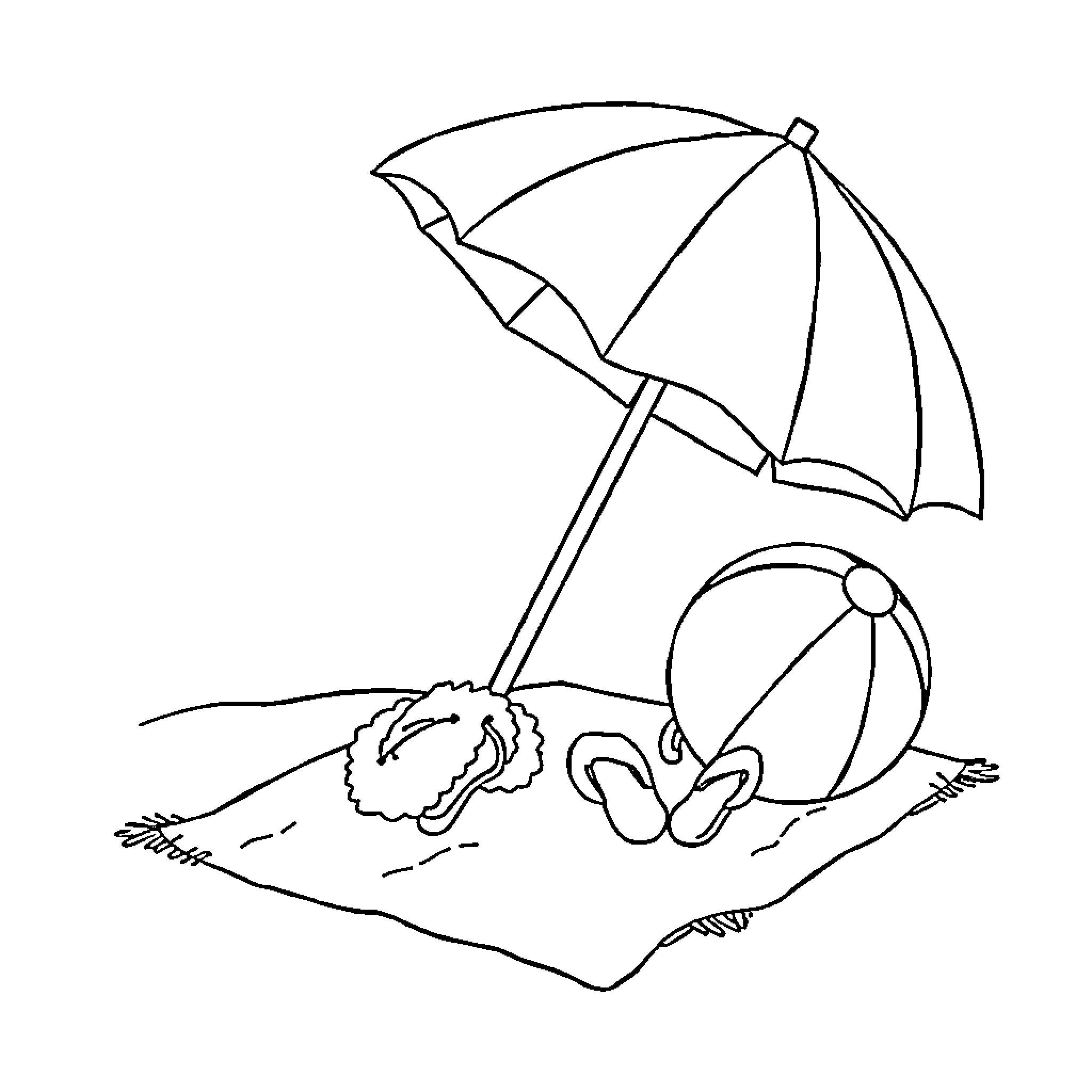 Beach Item Enjoying Sunny Day Under Umbrella Coloring Page (free black-and-white line drawing printable PDF for all, from beginners to advanced learners, including children, teens, adults, and seniors)