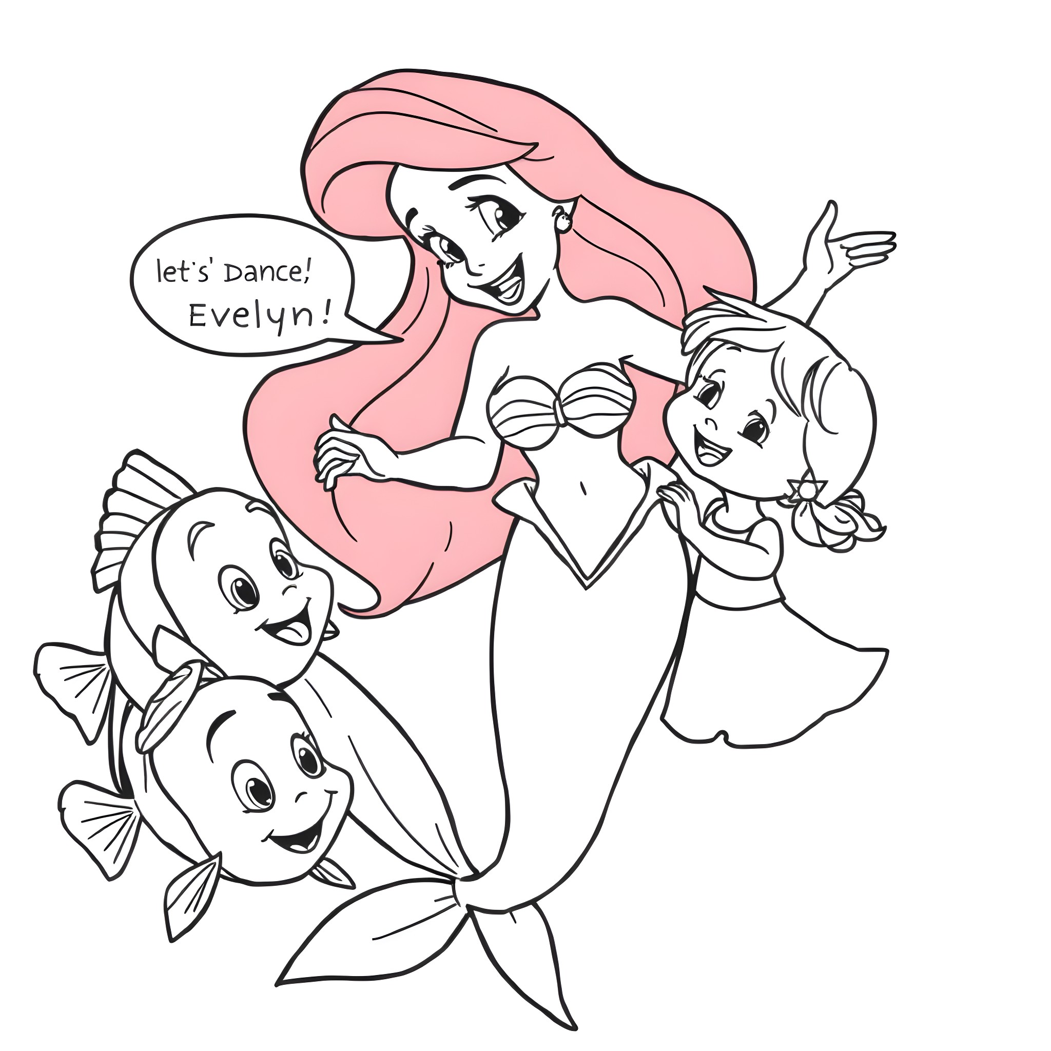 Ariel invites her underwater friends to dance Coloring Page (free black-and-white line drawing printable PDF for all, from beginners to advanced learners, including children, teens, adults, and seniors)