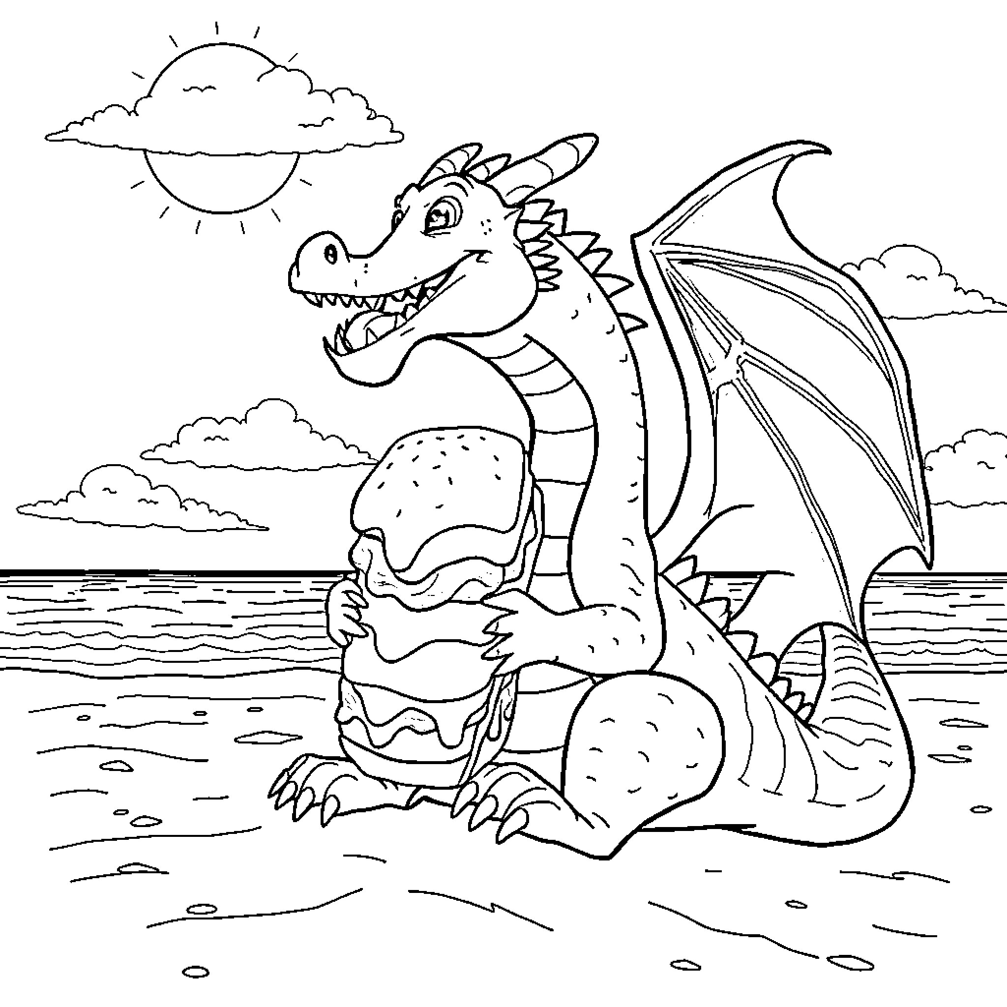 Dragon lounging on the beach with wings outstretched Coloring Page (free black-and-white line drawing printable PDF for all, from beginners to advanced learners, including children, teens, adults, and seniors)
