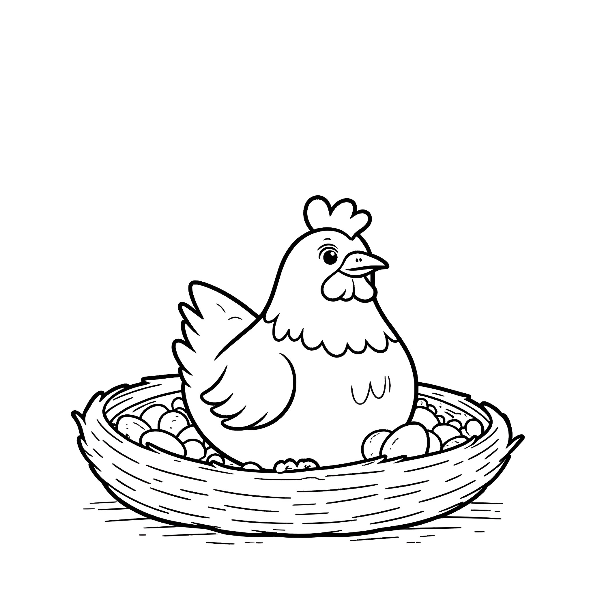 Chicken sitting on nest of eggs Coloring Page (free black-and-white line drawing printable PDF for all, from beginners to advanced learners, including children, teens, adults, and seniors)