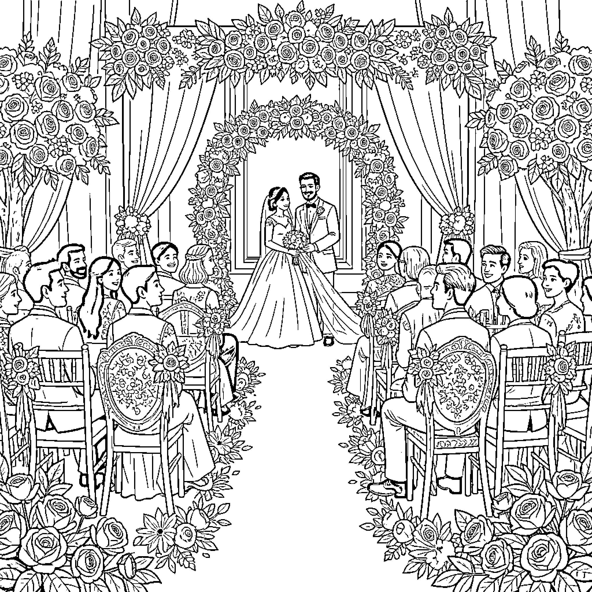 Wedding ceremony with flower arch and guests Coloring Page (free black-and-white line drawing printable PDF for all, from beginners to advanced learners, including children, teens, adults, and seniors)