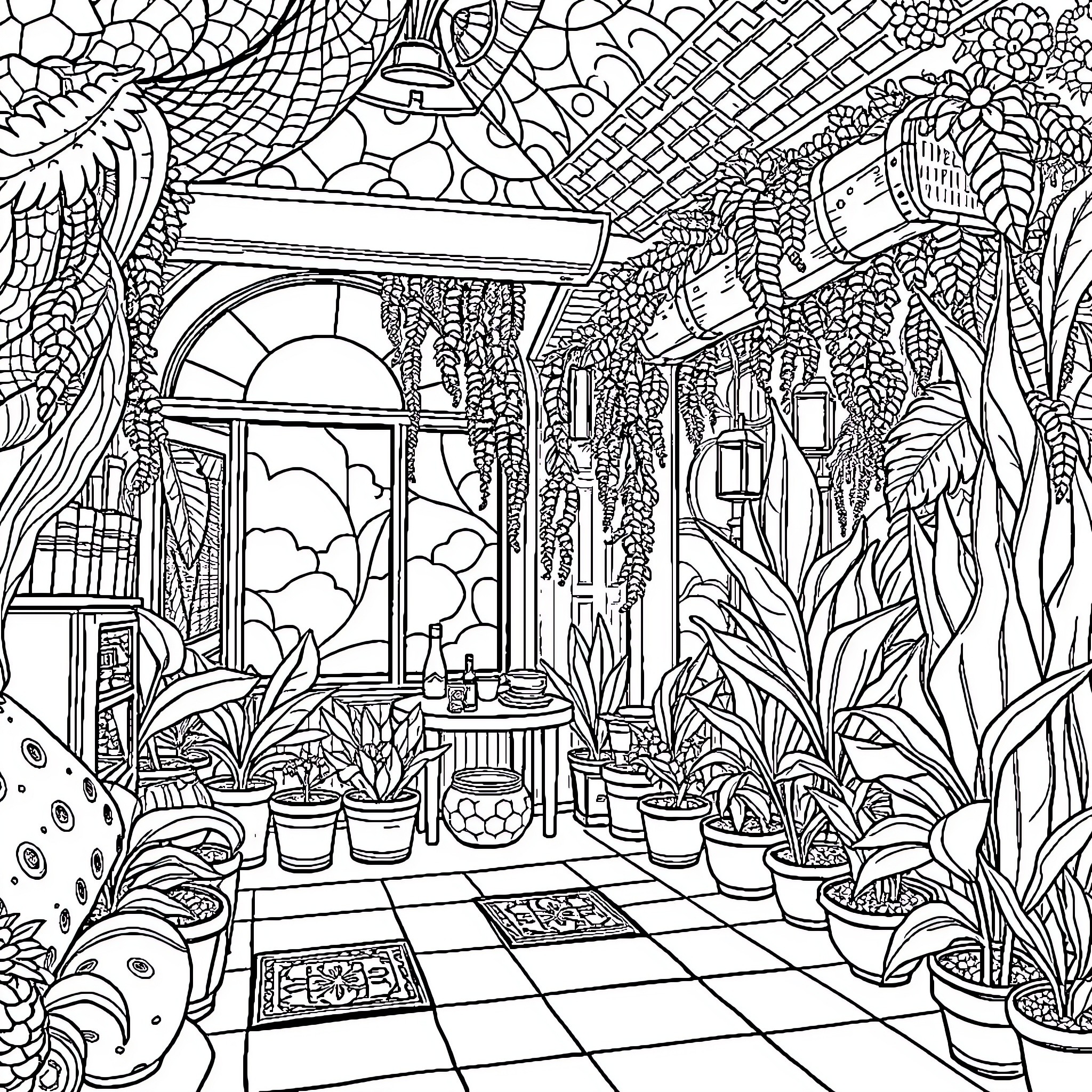 Idea for a Whimsical Greenhouse Oasis Coloring Page (free black-and-white line drawing printable PDF for all, from beginners to advanced learners, including children, teens, adults, and seniors)