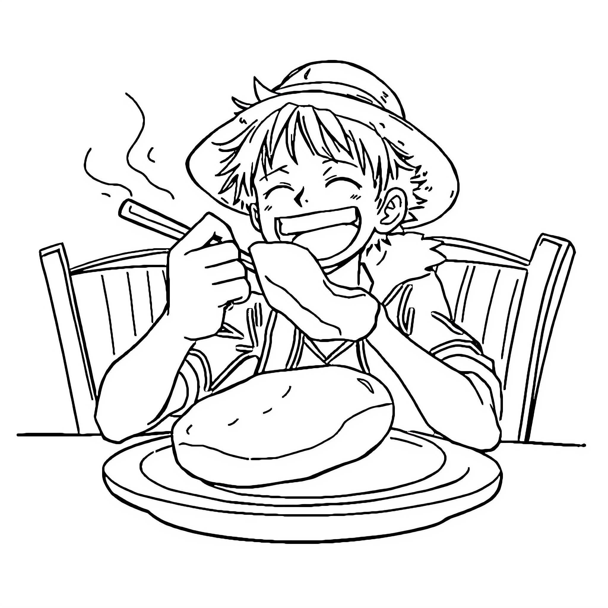 Luffy Enjoying a Hearty Meal Coloring Page (free black-and-white line drawing printable PDF for all, from beginners to advanced learners, including children, teens, adults, and seniors)