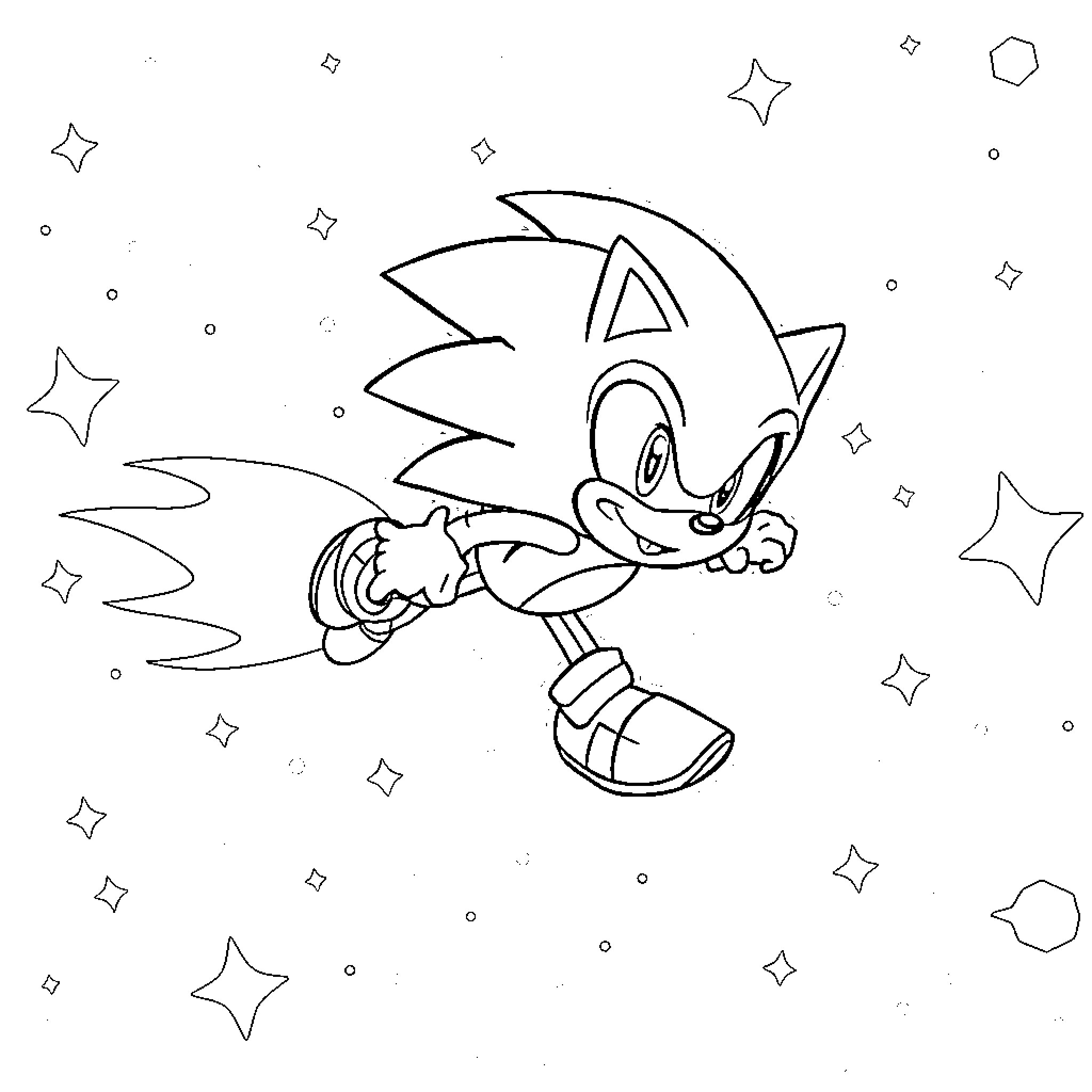 Sonic the Hedgehog running swiftly through the stars Coloring Page (free black-and-white line drawing printable PDF for all, from beginners to advanced learners, including children, teens, adults, and seniors)