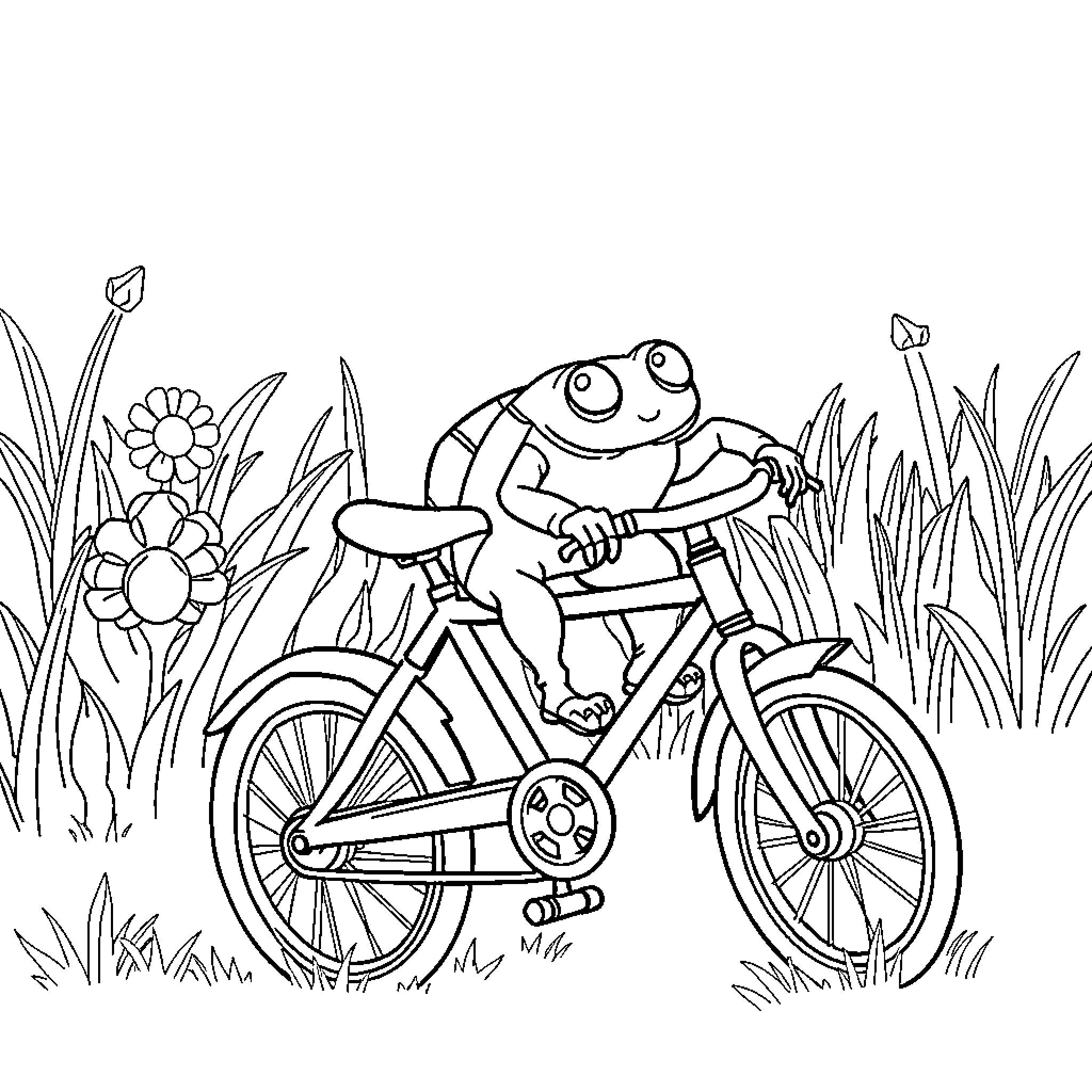 Spider riding a bicycle in the garden Coloring Page (free black-and-white line drawing printable PDF for all, from beginners to advanced learners, including children, teens, adults, and seniors)