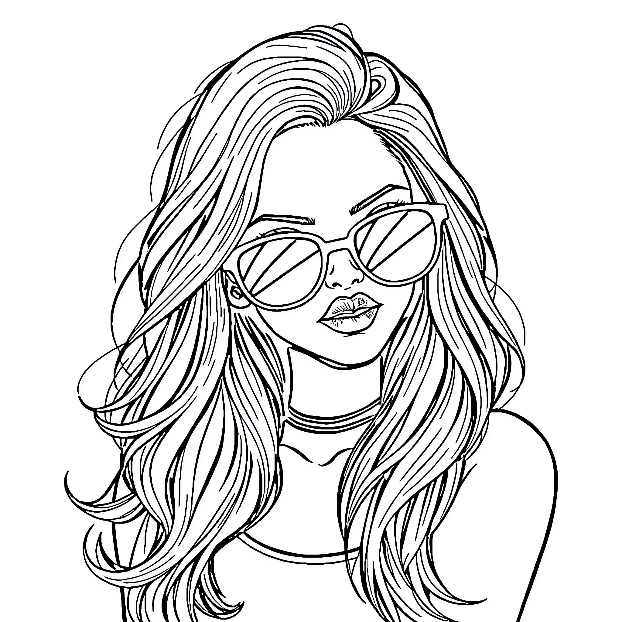 Girl wearing sunglasses with flowing hair Coloring Page (free black-and-white line drawing printable PDF for all, from beginners to advanced learners, including children, teens, adults, and seniors)