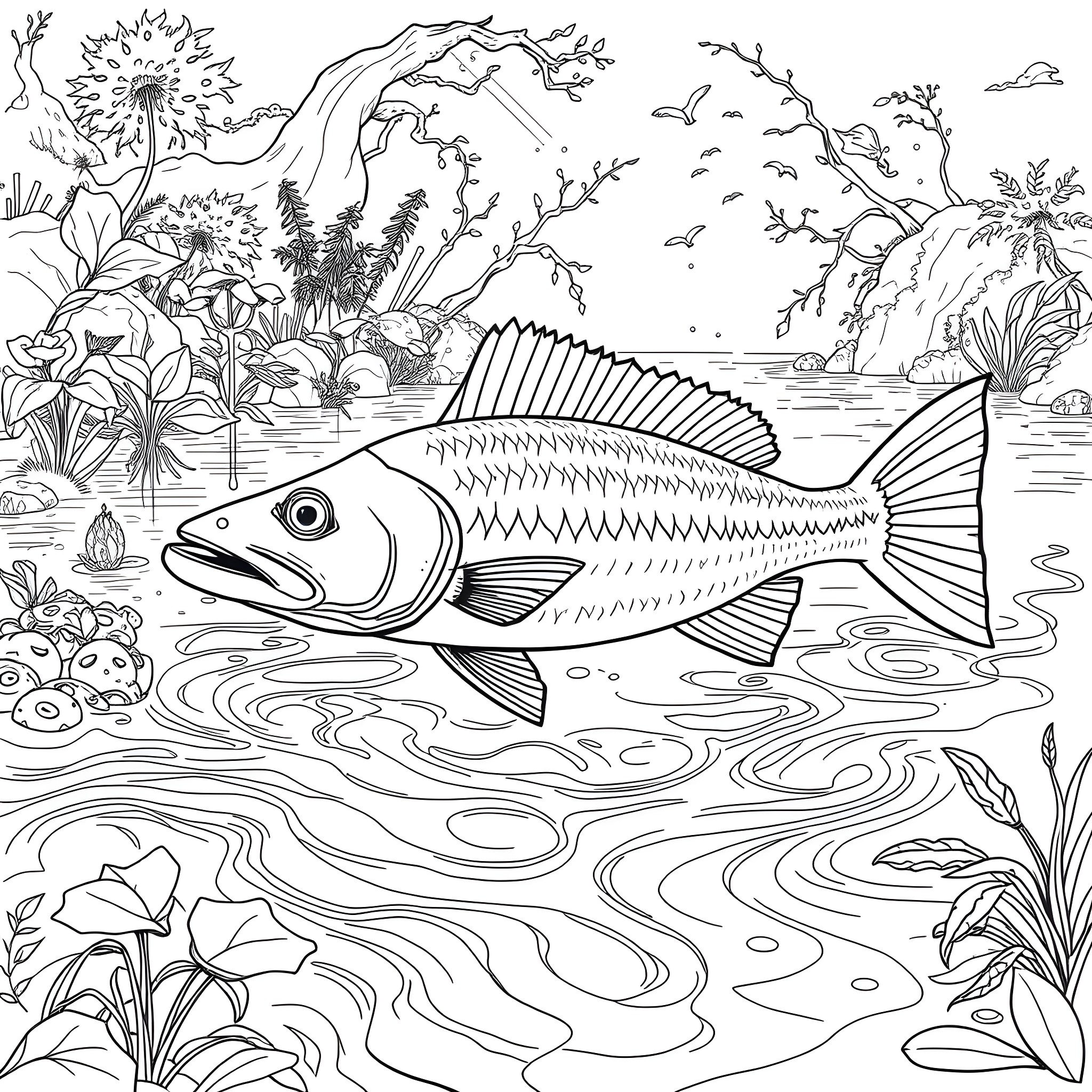 Barramundi swimming in the lush tropical river Coloring Page (free black-and-white line drawing printable PDF for all, from beginners to advanced learners, including children, teens, adults, and seniors)