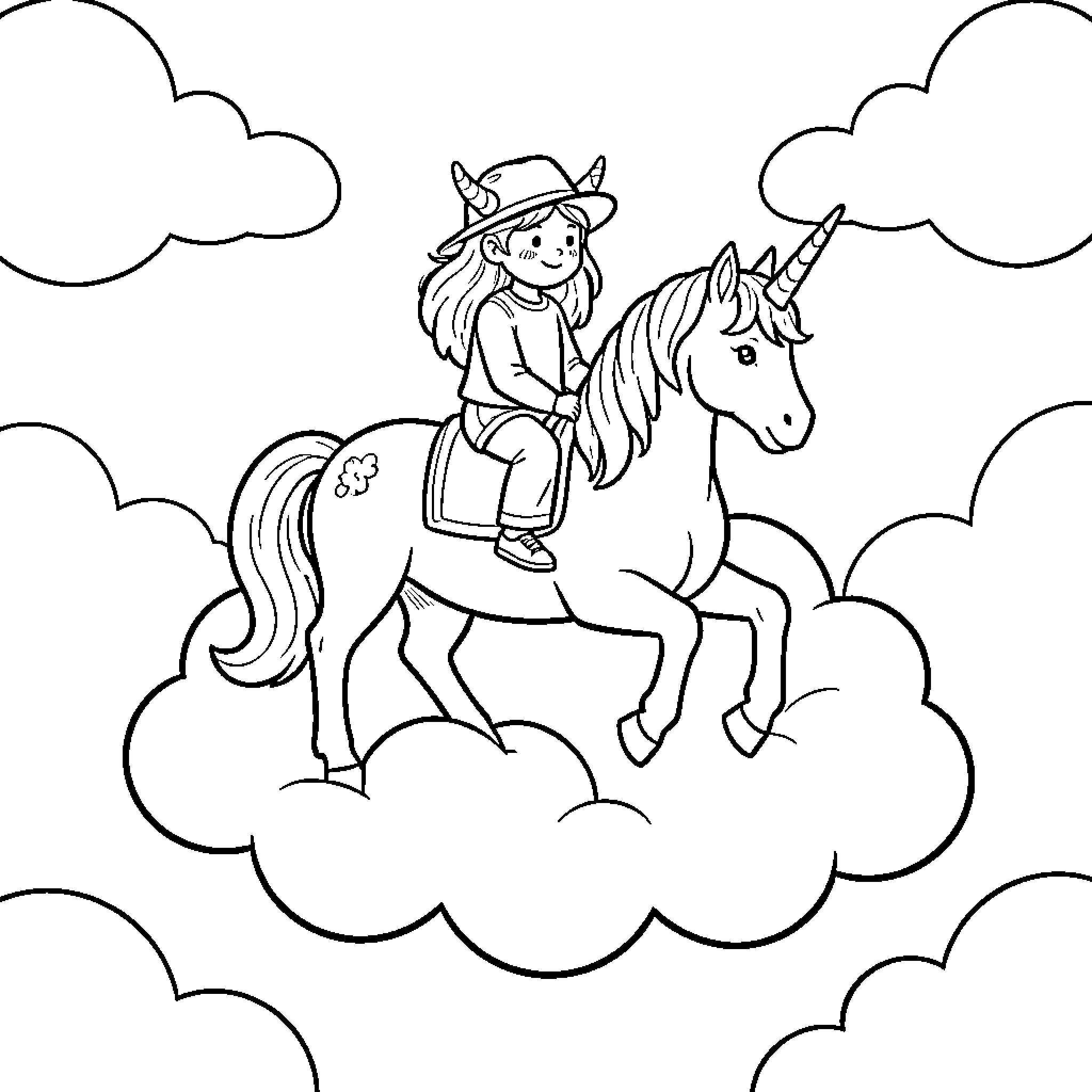 Gabychat girl riding a unicorn among the clouds Coloring Page (free black-and-white line drawing printable PDF for all, from beginners to advanced learners, including children, teens, adults, and seniors)