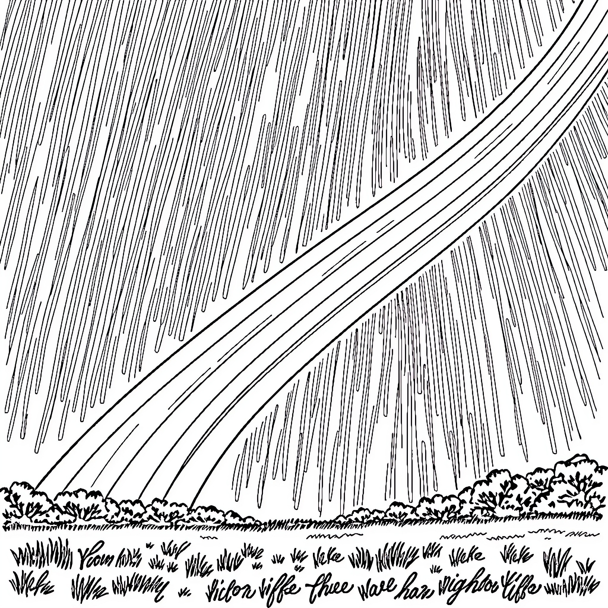 Rainbow-colored patterns in a lush landscape Coloring Page (free black-and-white line drawing printable PDF for all, from beginners to advanced learners, including children, teens, adults, and seniors)