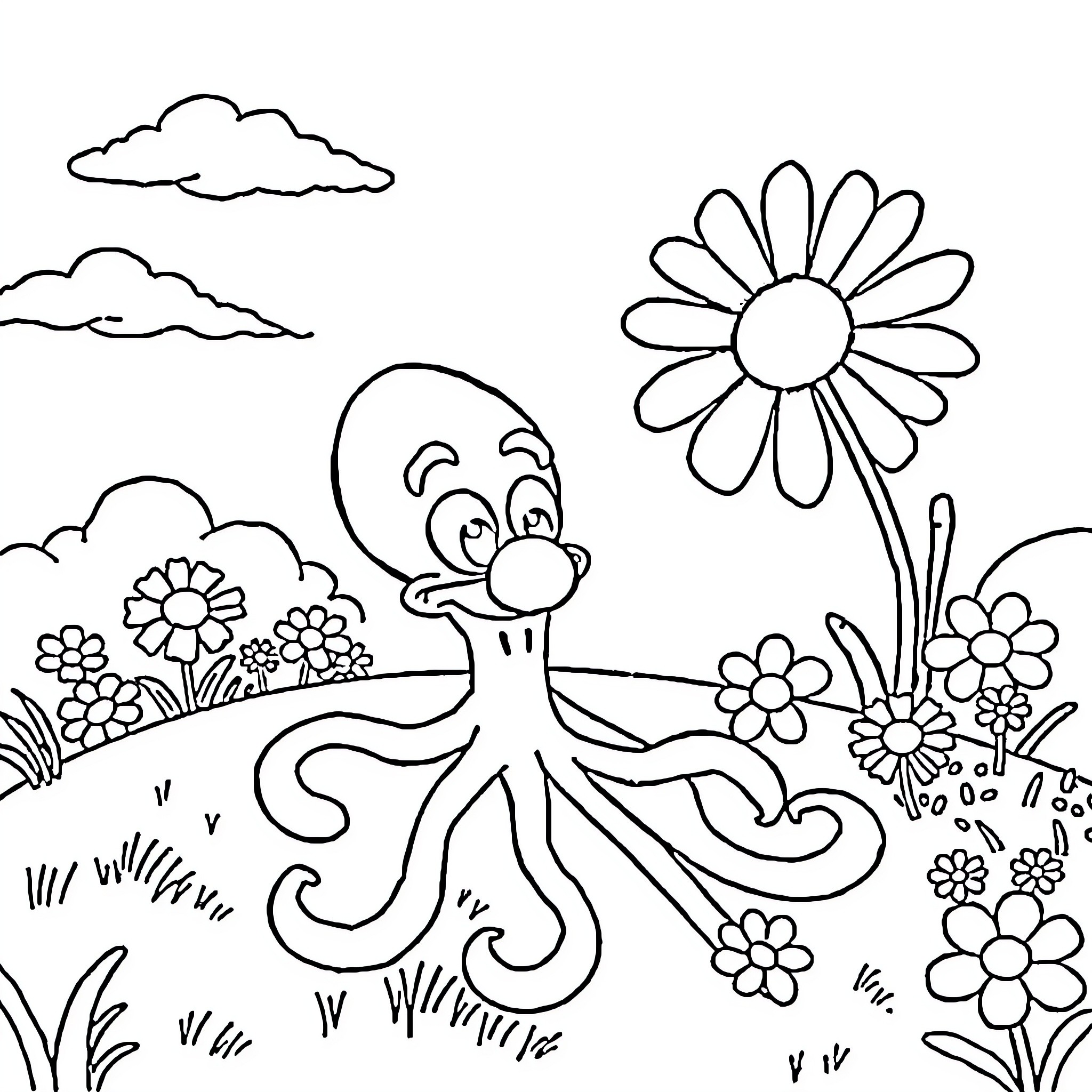 Squidward exploring a floral meadow Coloring Page (free black-and-white line drawing printable PDF for all, from beginners to advanced learners, including children, teens, adults, and seniors)