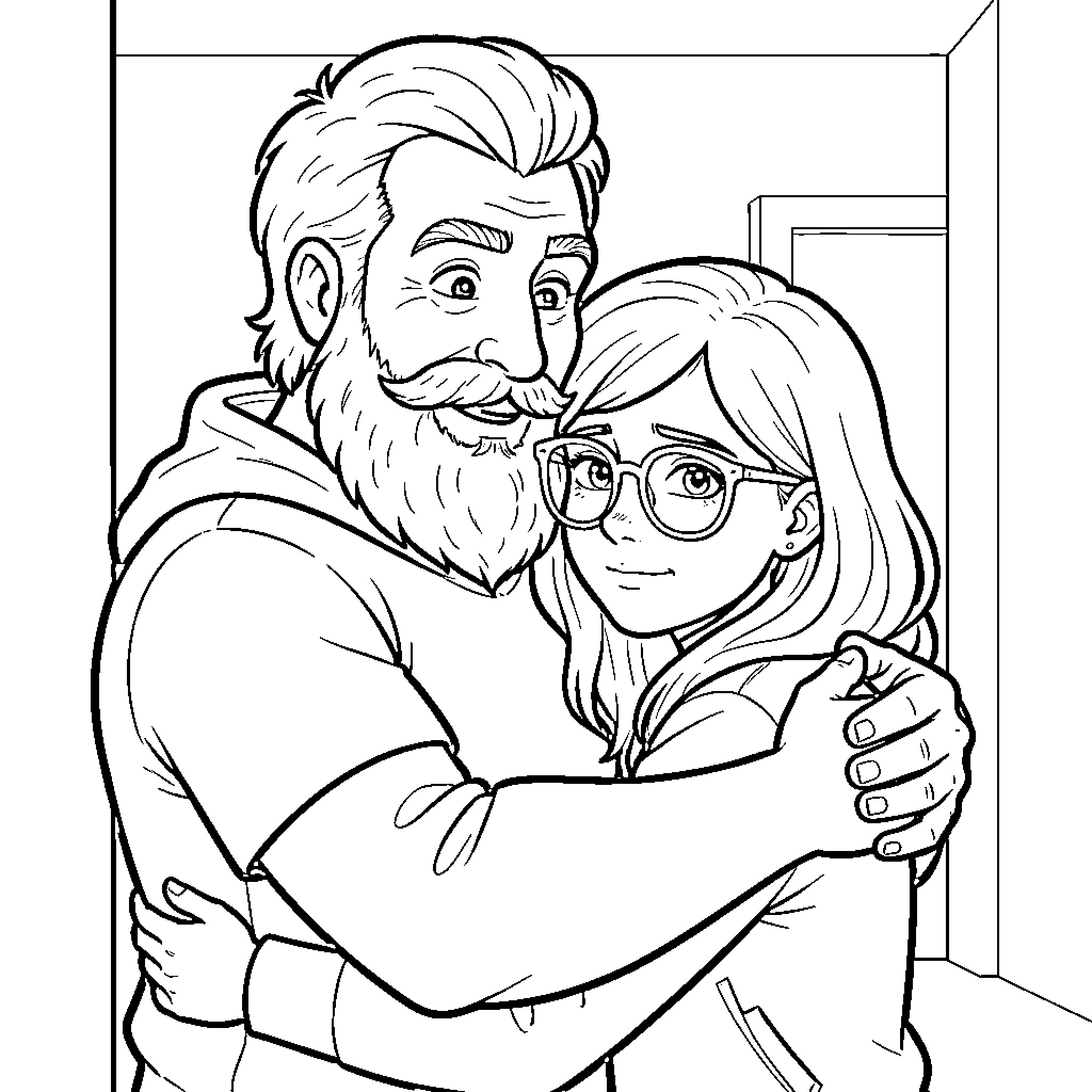Dude and young woman sharing a warm hug Coloring Page (free black-and-white line drawing printable PDF for all, from beginners to advanced learners, including children, teens, adults, and seniors)