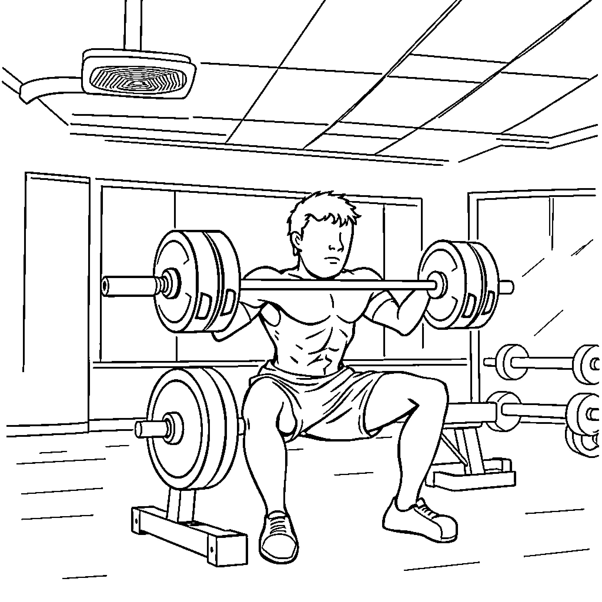 Fraction of Weightlifting Workout in Gym Coloring Page (free black-and-white line drawing printable PDF for all, from beginners to advanced learners, including children, teens, adults, and seniors)