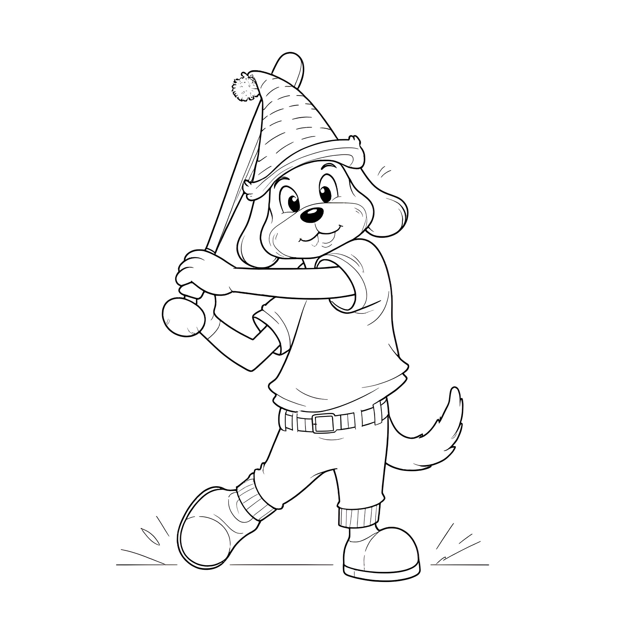 Dog playing happily with a bat in the winter Coloring Page (free black-and-white line drawing printable PDF for all, from beginners to advanced learners, including children, teens, adults, and seniors)