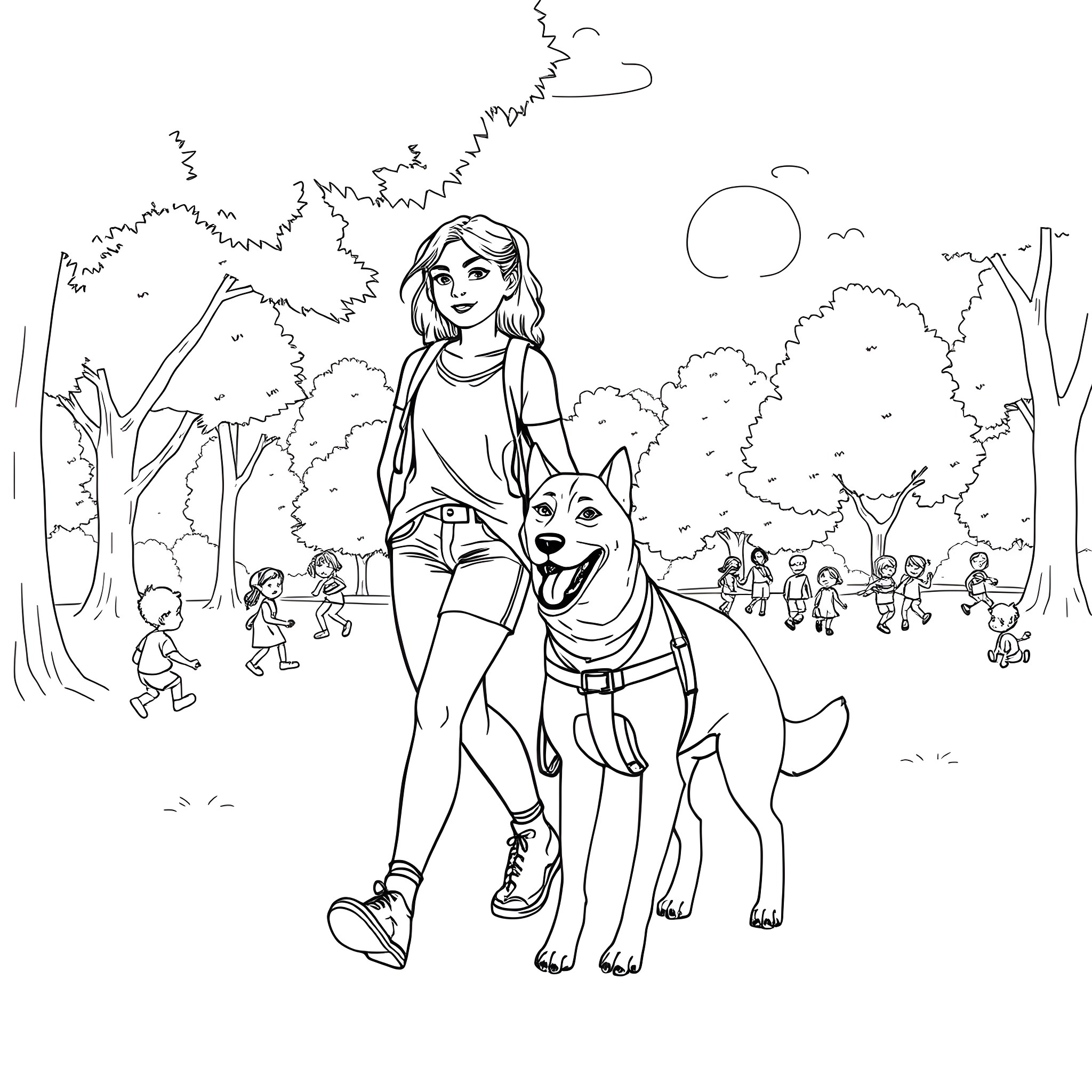 Teen Girl Walking Her Dog in the Park Coloring Page (free black-and-white line drawing printable PDF for all, from beginners to advanced learners, including children, teens, adults, and seniors)