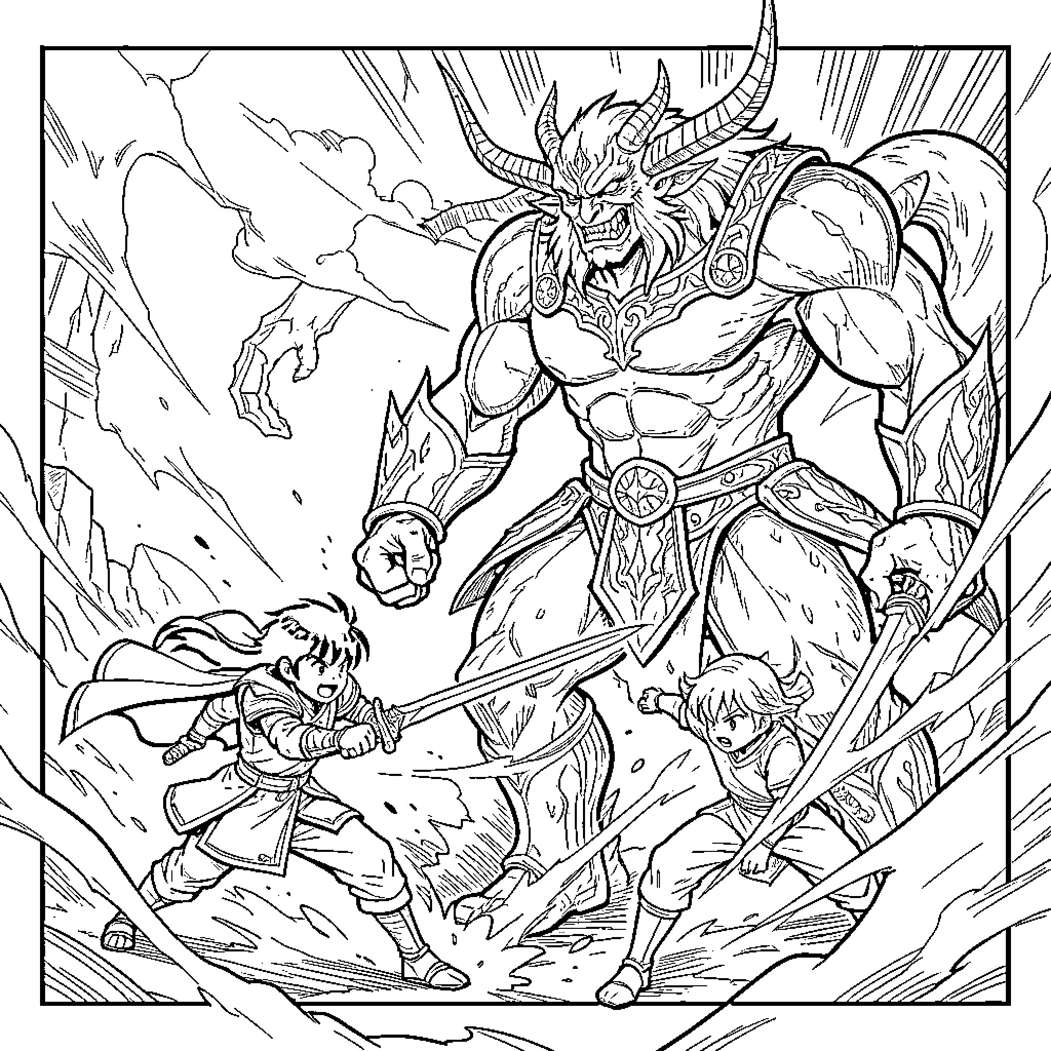Swordsman battles a fearsome demonic entity Coloring Page (free black-and-white line drawing printable PDF for all, from beginners to advanced learners, including children, teens, adults, and seniors)