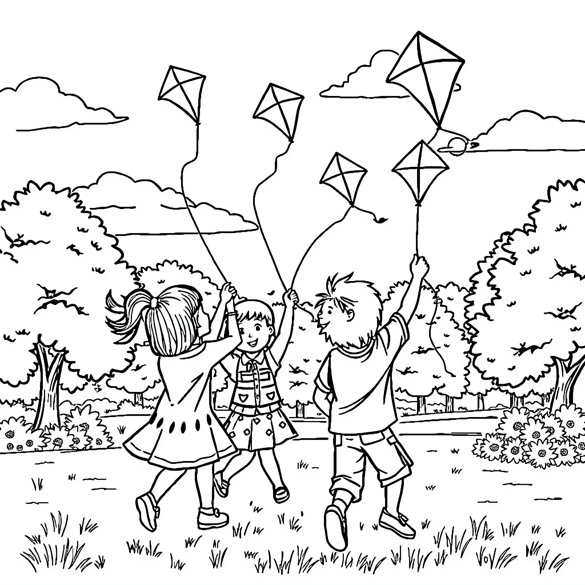 Kid Flying Colorful Kites in the Park Coloring Page (free black-and-white line drawing printable PDF for all, from beginners to advanced learners, including children, teens, adults, and seniors)