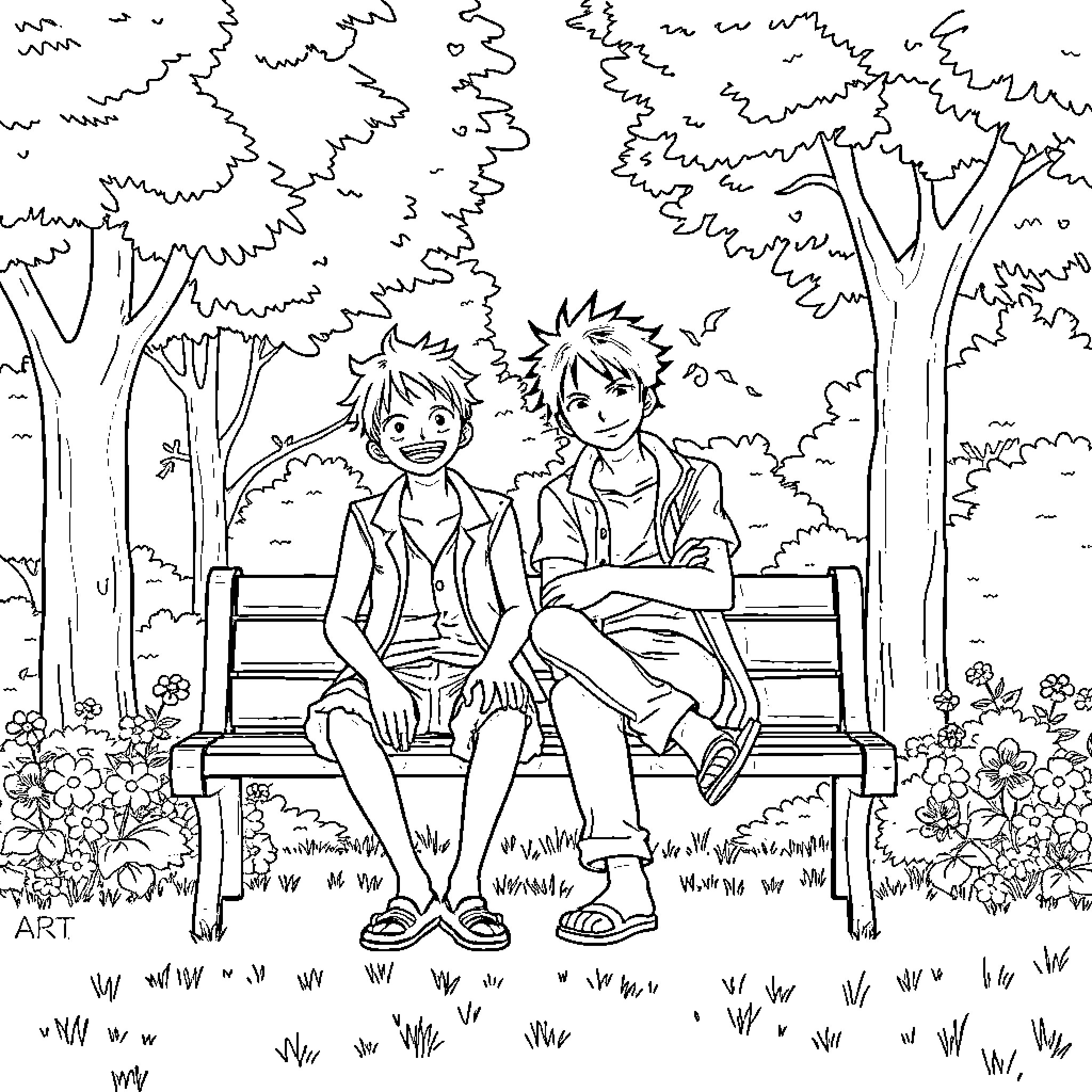 Luffy and friend relaxing on a park bench Coloring Page (free black-and-white line drawing printable PDF for all, from beginners to advanced learners, including children, teens, adults, and seniors)