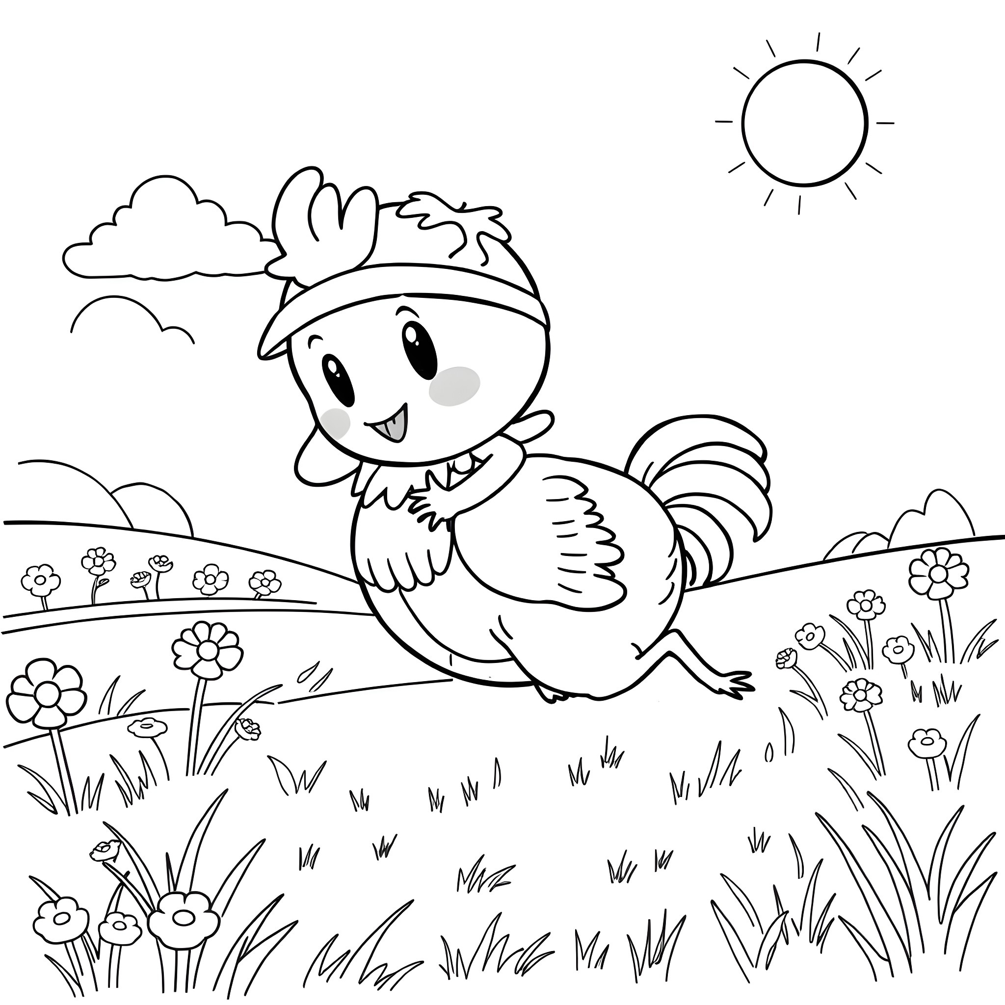 Strawberry Shortcake character running happily in nature Coloring Page (free black-and-white line drawing printable PDF for all, from beginners to advanced learners, including children, teens, adults, and seniors)