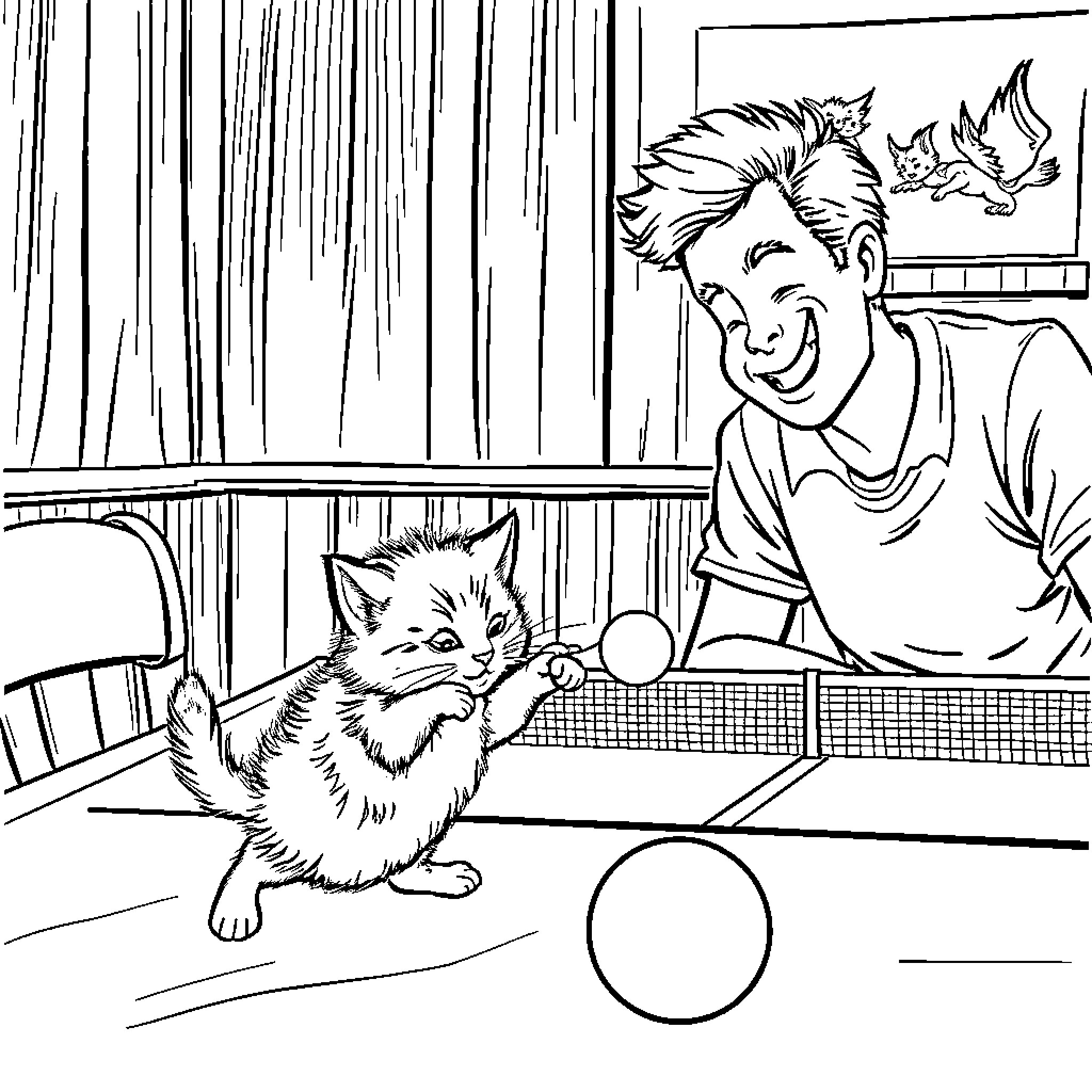 Kitten playing with boy in cozy room Coloring Page (free black-and-white line drawing printable PDF for all, from beginners to advanced learners, including children, teens, adults, and seniors)