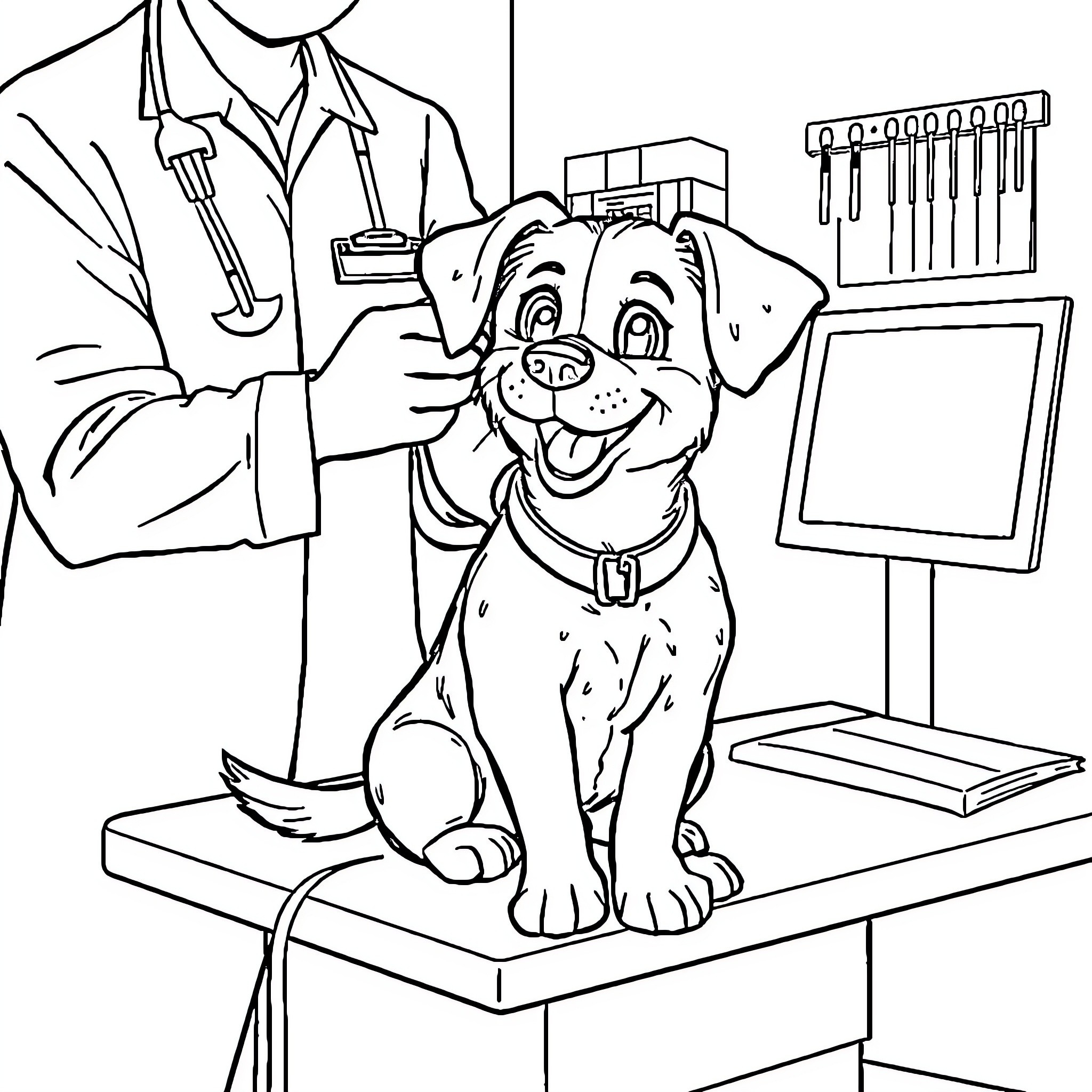 Dog receiving checkup from veterinarian Coloring Page (free black-and-white line drawing printable PDF for all, from beginners to advanced learners, including children, teens, adults, and seniors)