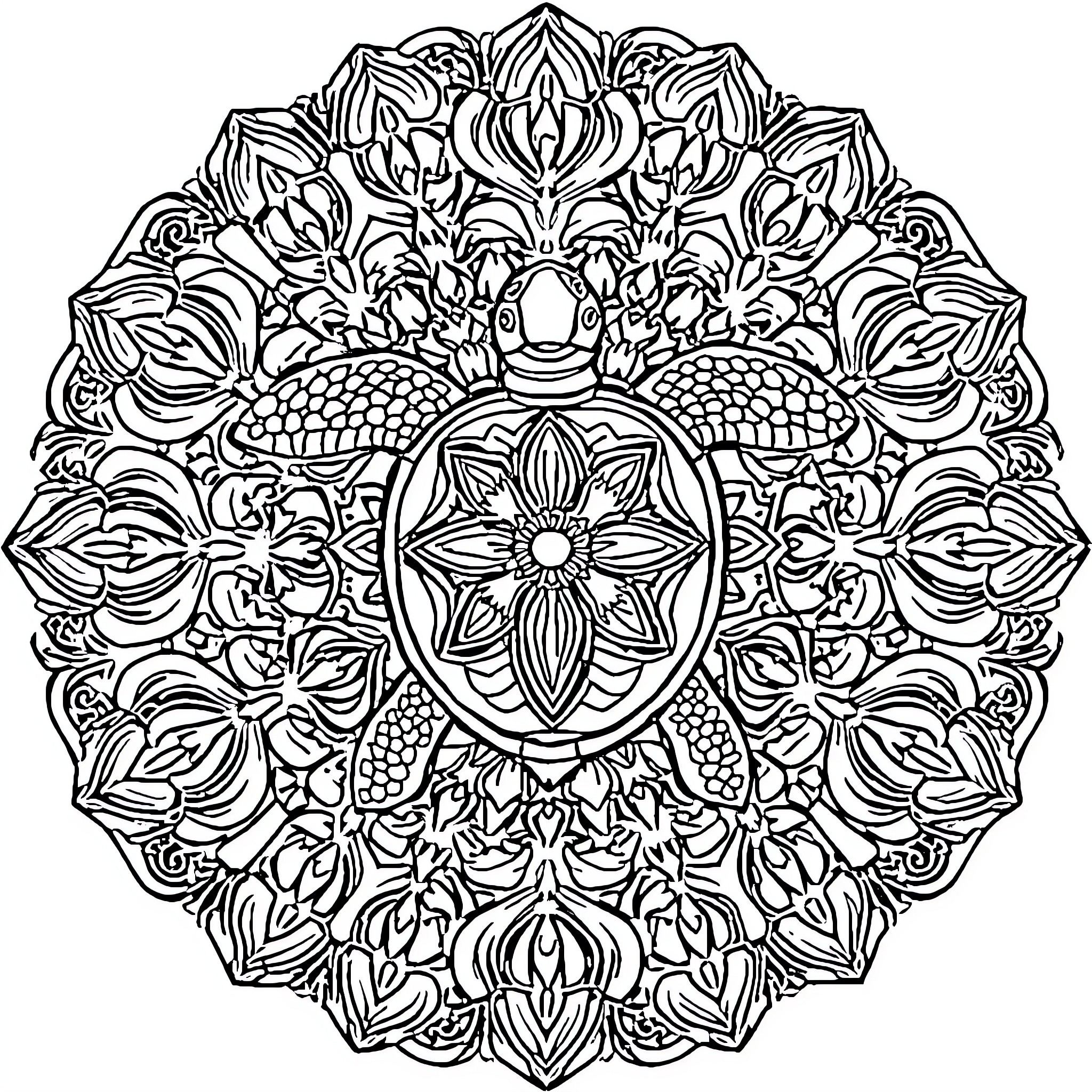 Turtle-shaped mandala with intricate floral designs Coloring Page (free black-and-white line drawing printable PDF for all, from beginners to advanced learners, including children, teens, adults, and seniors)