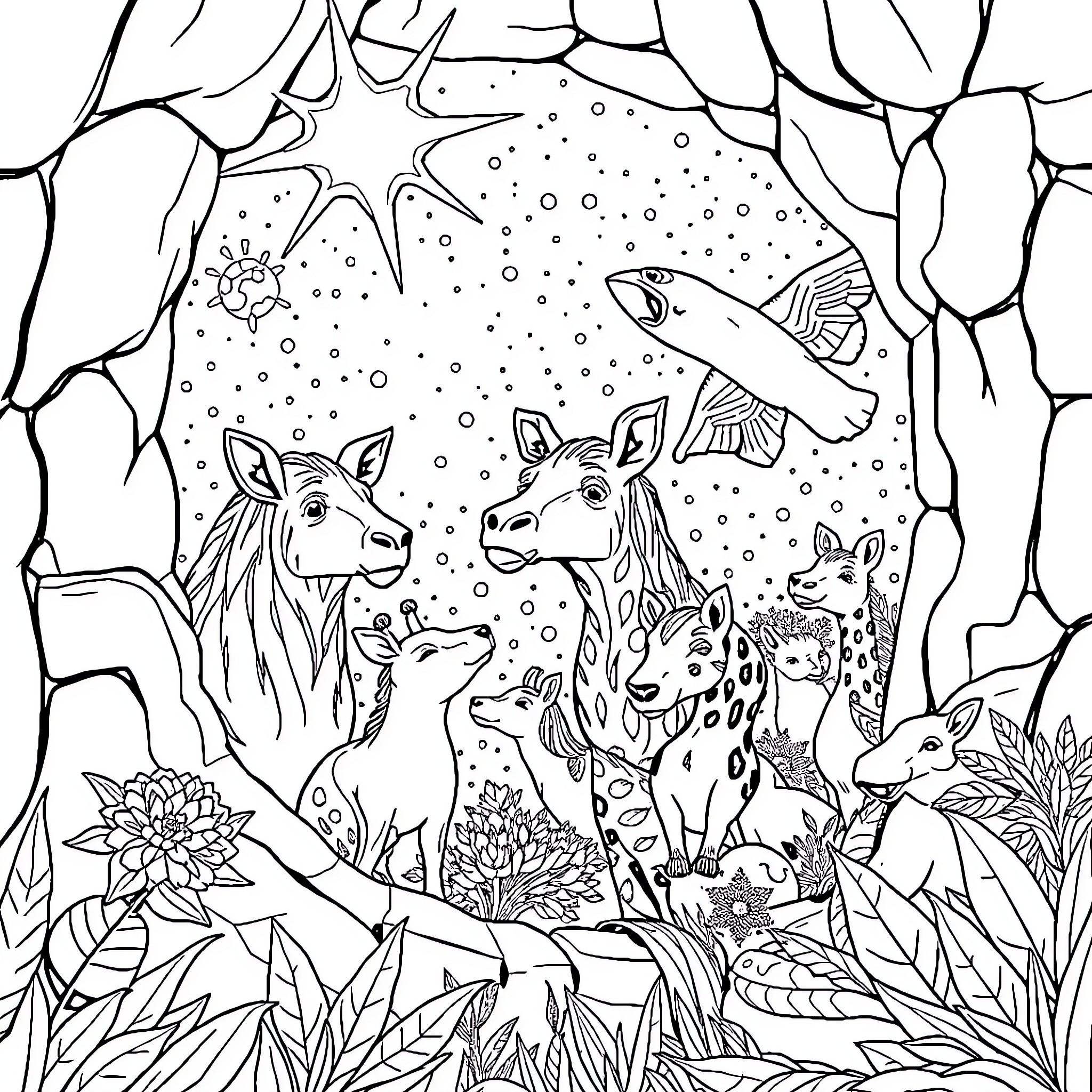 Zoo animals exploring a whimsical underwater scene Coloring Page (free black-and-white line drawing printable PDF for all, from beginners to advanced learners, including children, teens, adults, and seniors)