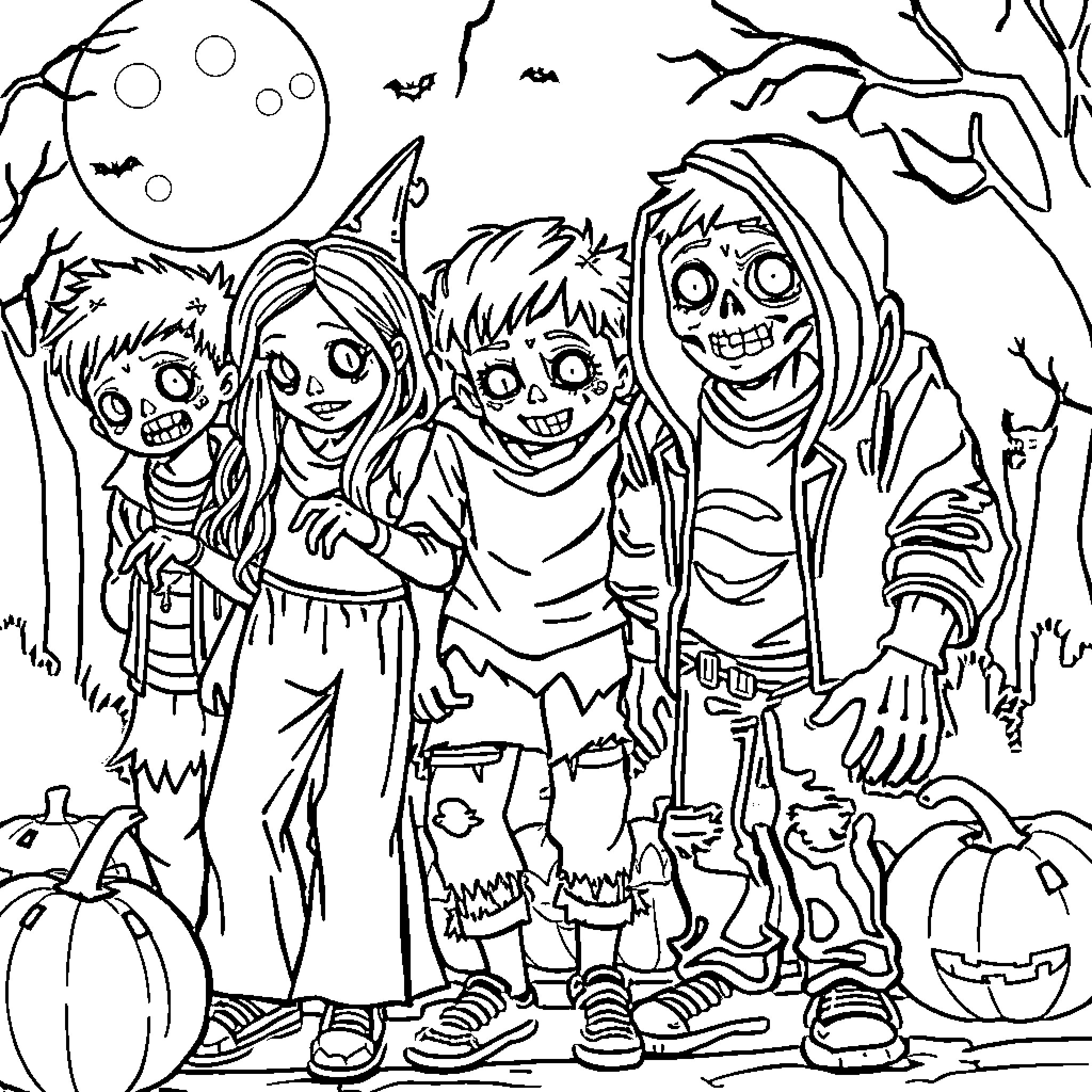 Zombie children trick-or-treating on a spooky night Coloring Page (free black-and-white line drawing printable PDF for all, from beginners to advanced learners, including children, teens, adults, and seniors)