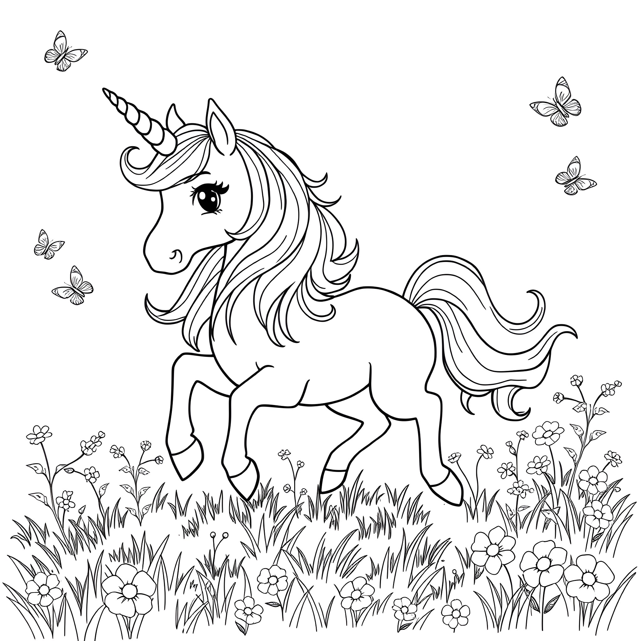 Unicorn surrounded by butterflies in a floral meadow Coloring Page (free black-and-white line drawing printable PDF for all, from beginners to advanced learners, including children, teens, adults, and seniors)