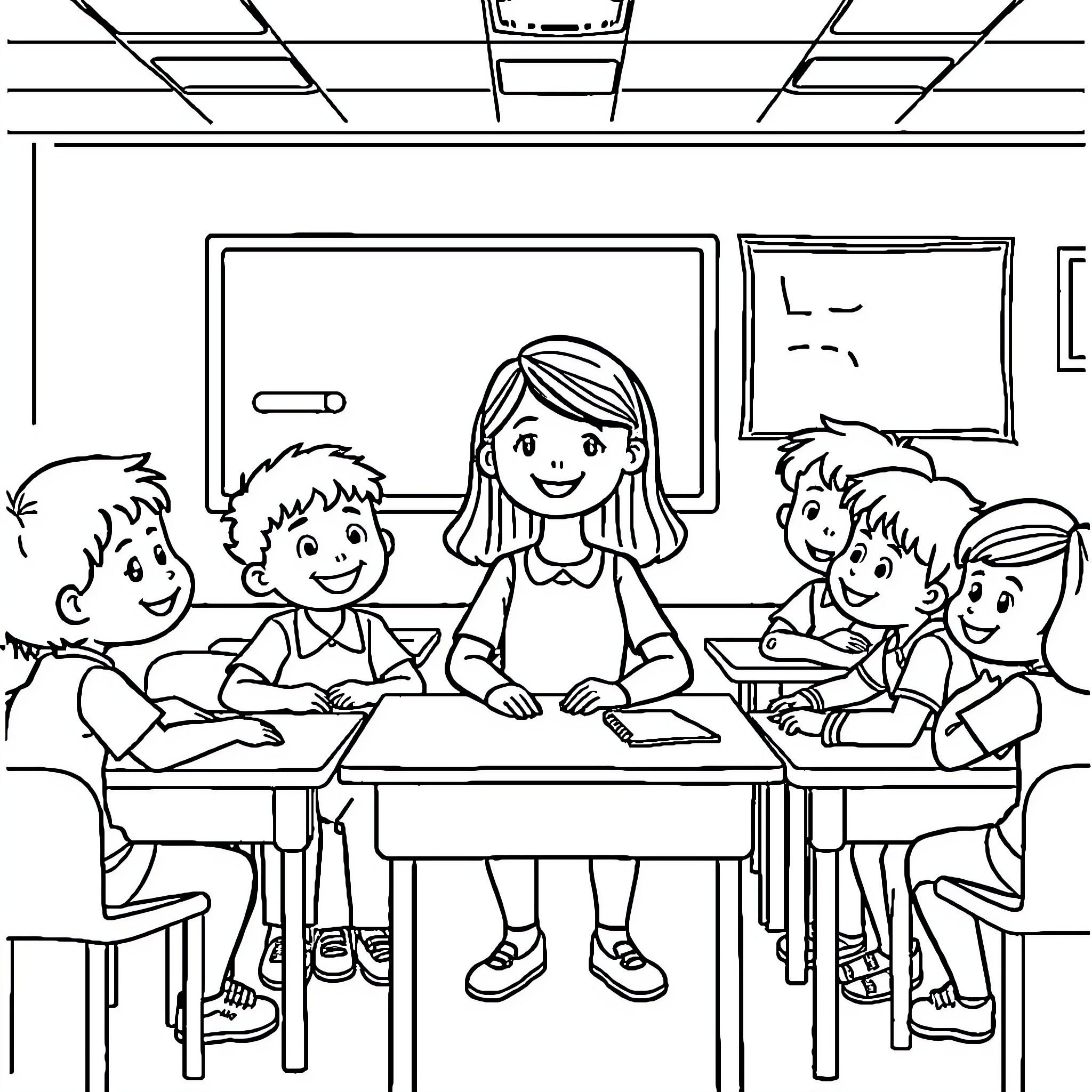 Students Learning Together in Classroom Coloring Page (free black-and-white line drawing printable PDF for all, from beginners to advanced learners, including children, teens, adults, and seniors)