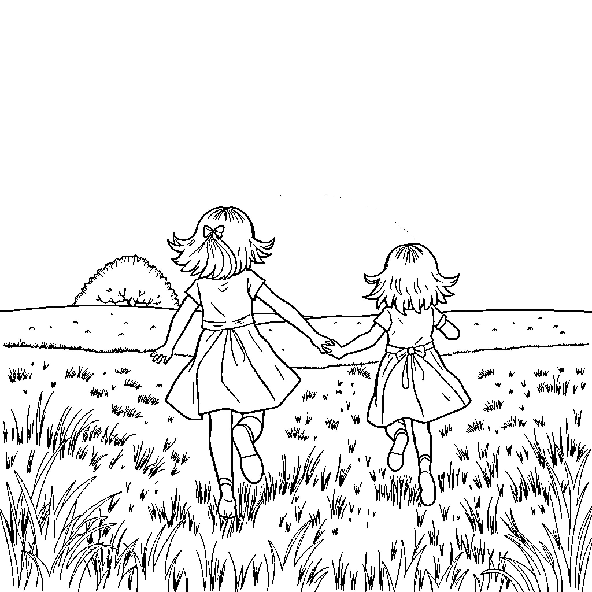 Sister's Playful Adventure in the Meadow Coloring Page (free black-and-white line drawing printable PDF for all, from beginners to advanced learners, including children, teens, adults, and seniors)