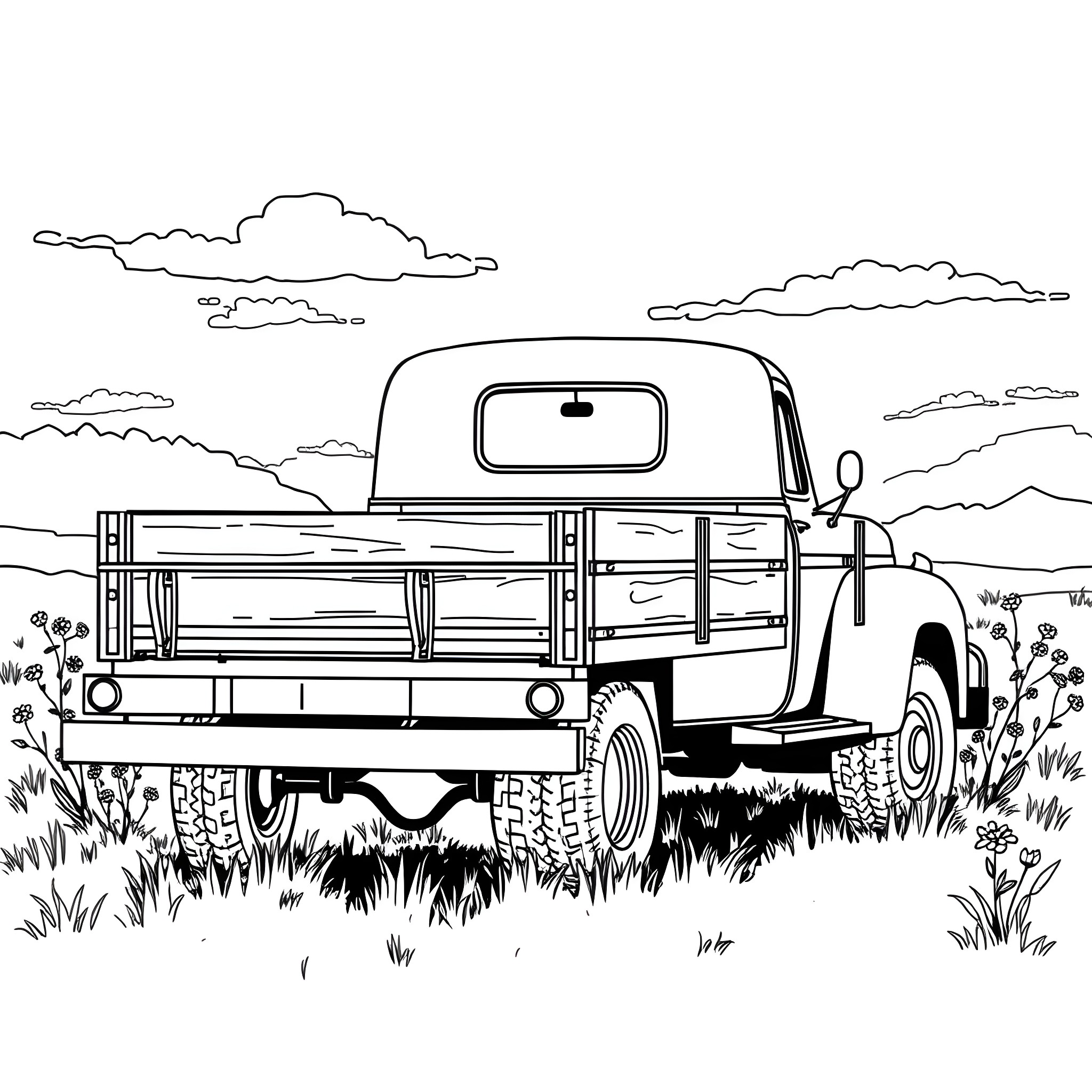Flatbed Truck in a rural landscape Coloring Page (free black-and-white line drawing printable PDF for all, from beginners to advanced learners, including children, teens, adults, and seniors)