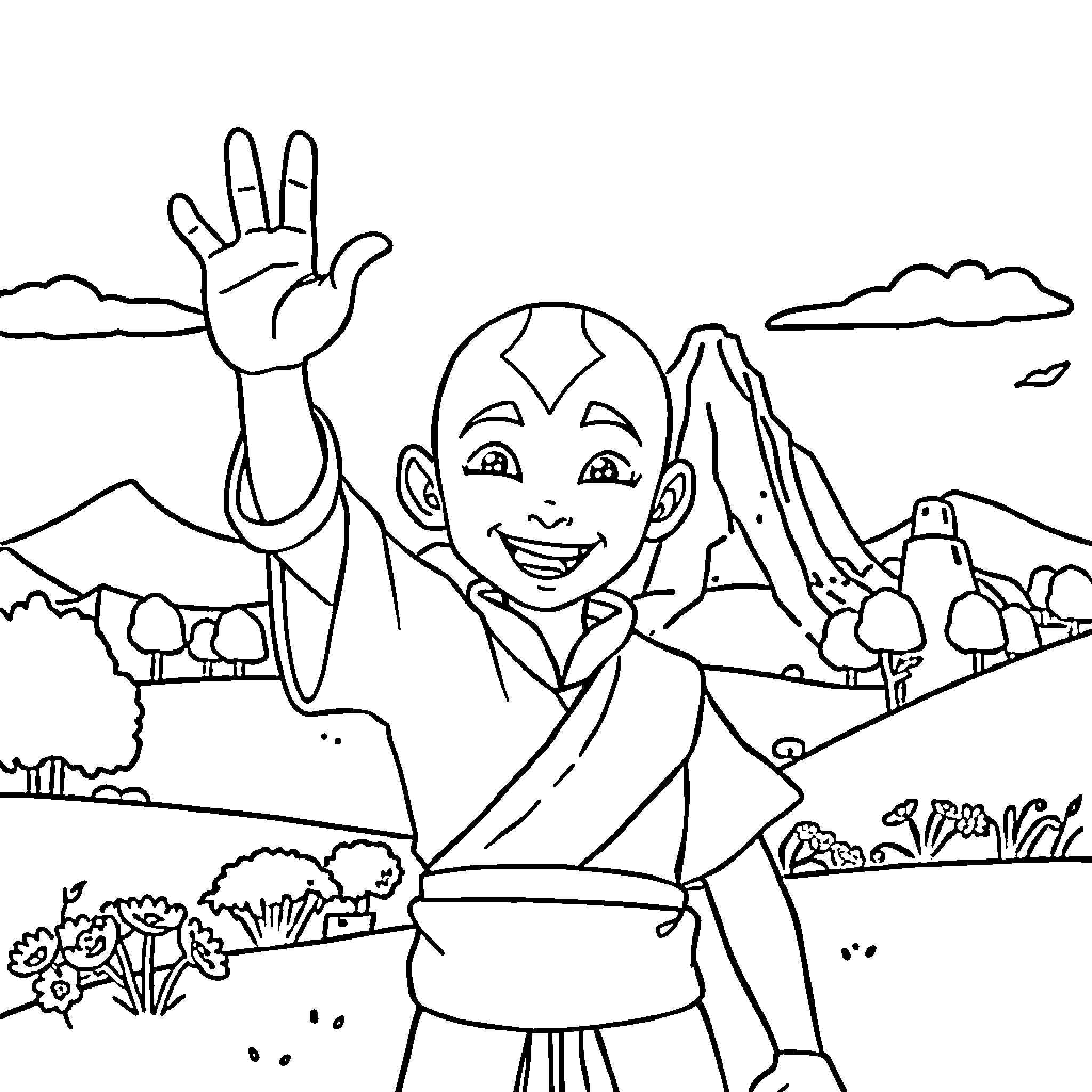 Aang waving happily in a scenic landscape Coloring Page (free black-and-white line drawing printable PDF for all, from beginners to advanced learners, including children, teens, adults, and seniors)