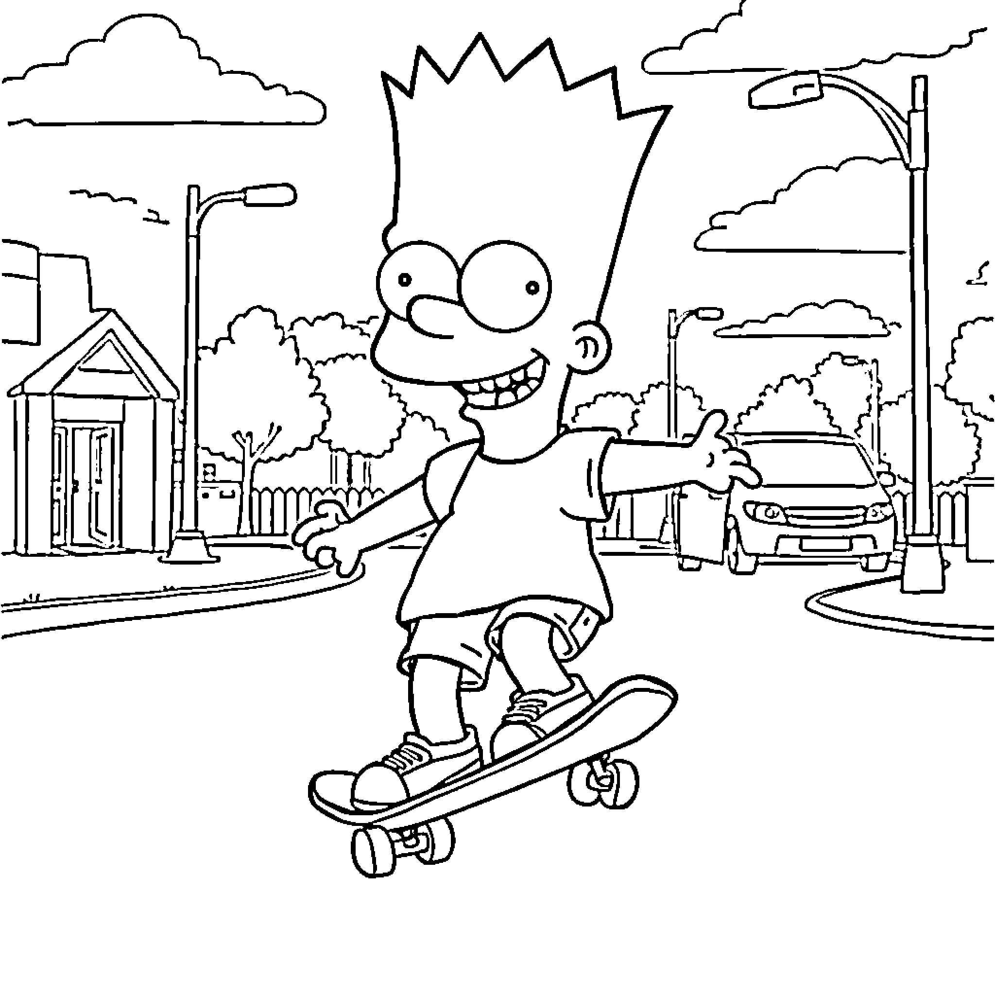 Bart Simpson skateboarding happily in the city Coloring Page (free black-and-white line drawing printable PDF for all, from beginners to advanced learners, including children, teens, adults, and seniors)