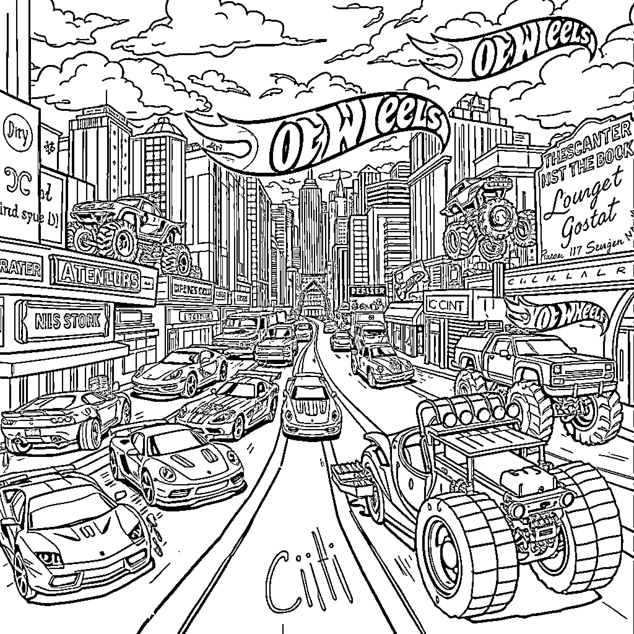 Hot Wheels racing through the city streets Coloring Page (free black-and-white line drawing printable PDF for all, from beginners to advanced learners, including children, teens, adults, and seniors)