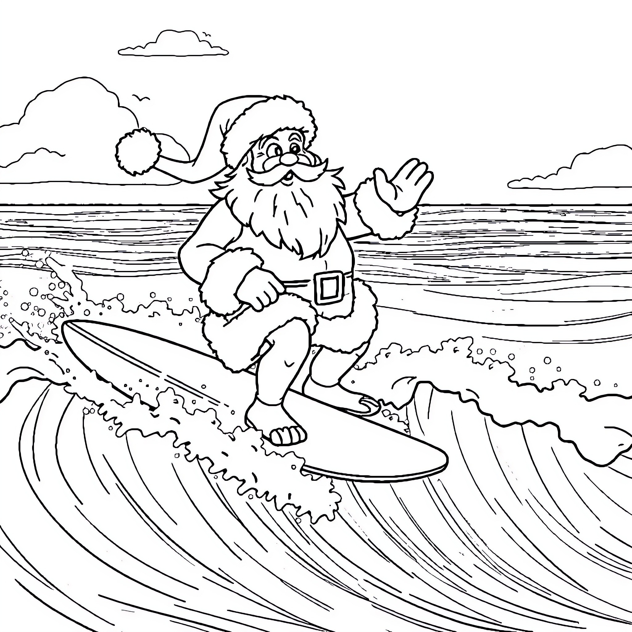 Santa surfing the waves on the beach Coloring Page (free black-and-white line drawing printable PDF for all, from beginners to advanced learners, including children, teens, adults, and seniors)