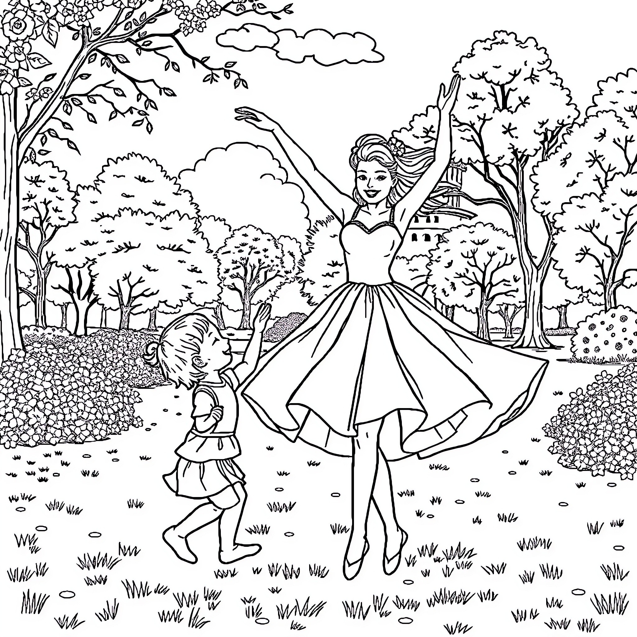 Woman dancing joyfully in a garden Coloring Page (free black-and-white line drawing printable PDF for all, from beginners to advanced learners, including children, teens, adults, and seniors)