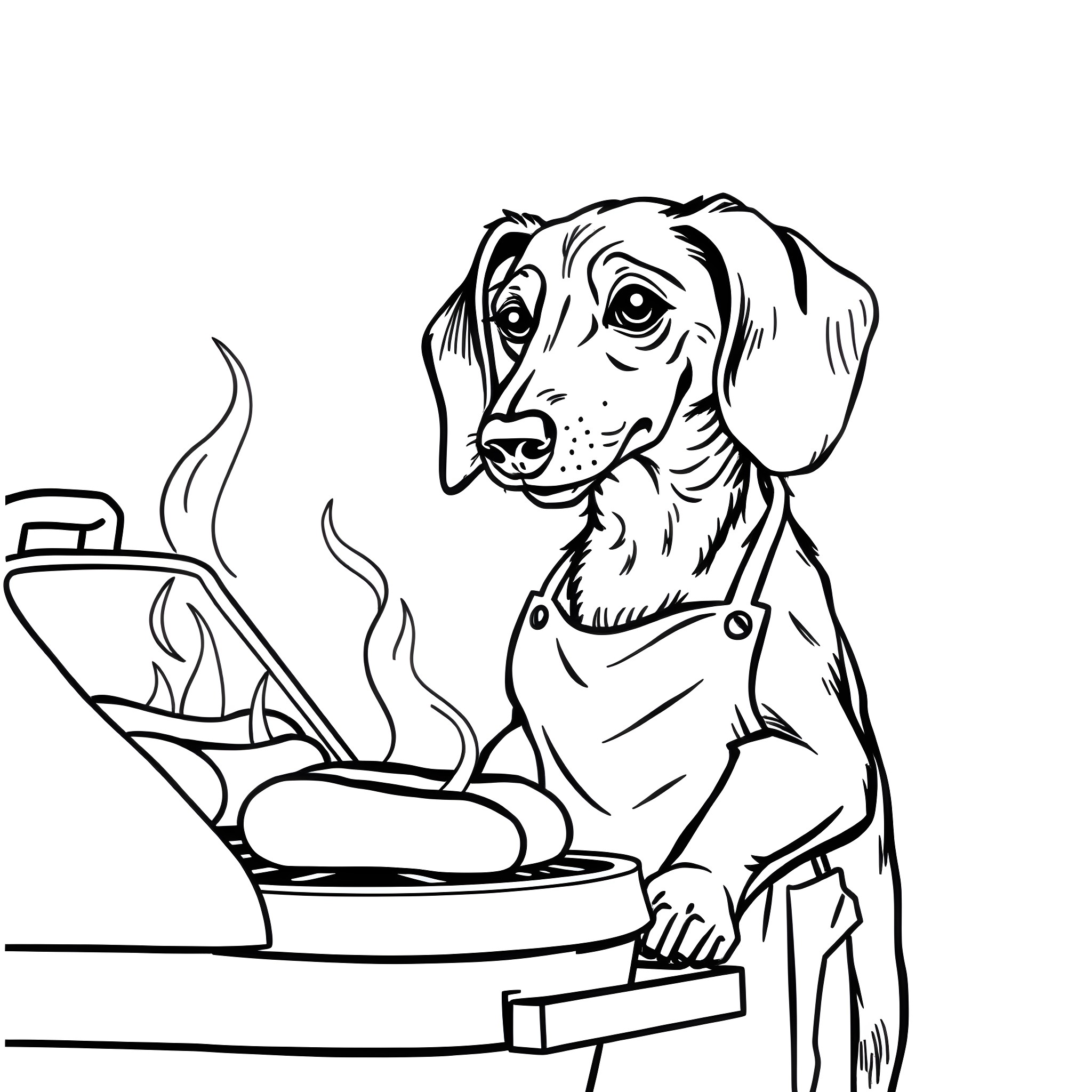 Dachshund cooking a meal in the kitchen Coloring Page (free black-and-white line drawing printable PDF for all, from beginners to advanced learners, including children, teens, adults, and seniors)