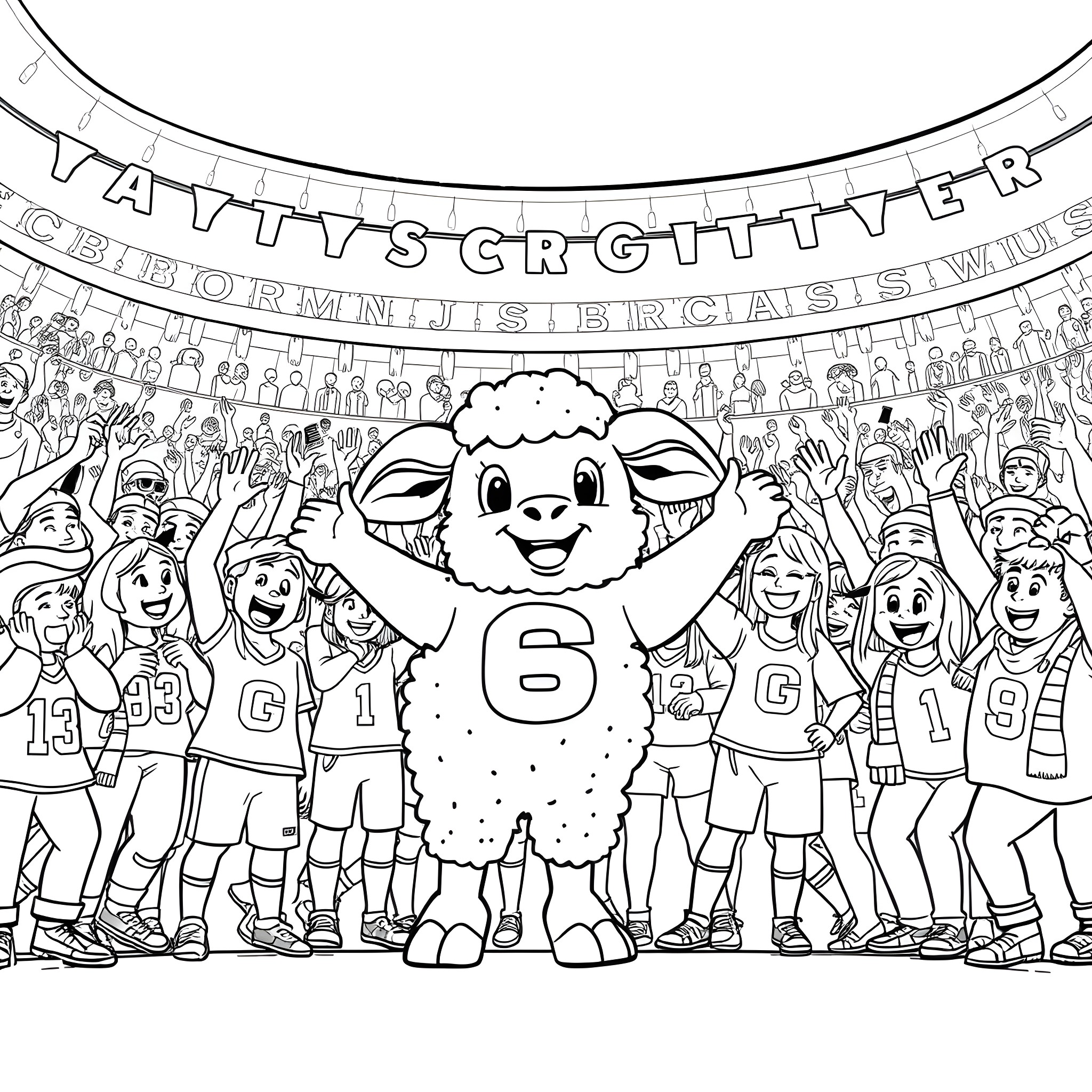 Lamb cheerfully celebrating with sports team members Coloring Page (free black-and-white line drawing printable PDF for all, from beginners to advanced learners, including children, teens, adults, and seniors)