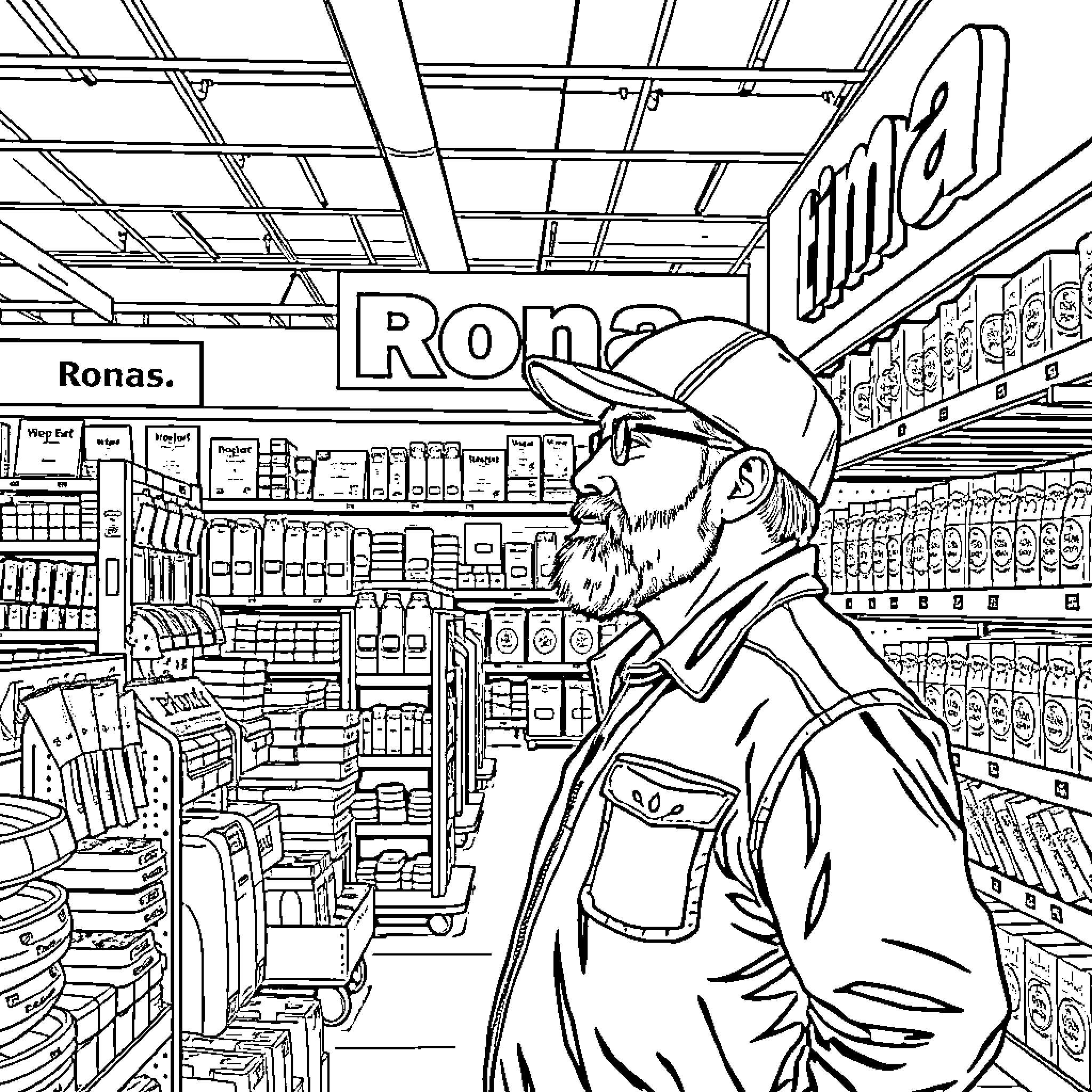 Mike exploring the aisles of a bustling grocery store Coloring Page (free black-and-white line drawing printable PDF for all, from beginners to advanced learners, including children, teens, adults, and seniors)