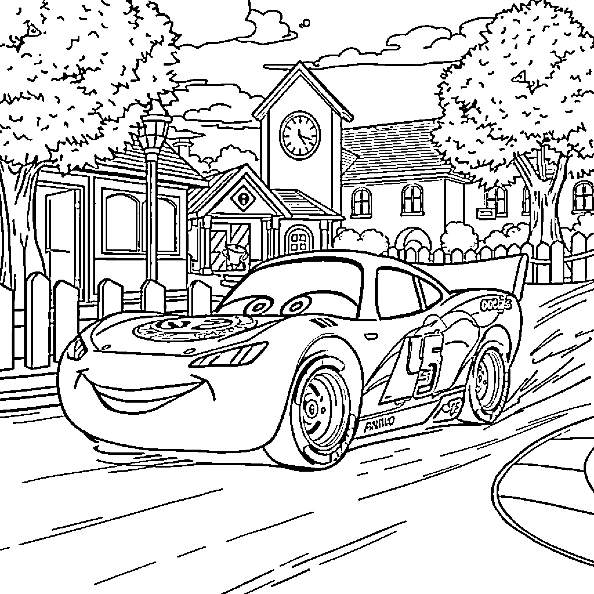 Lightning McQueen racing through the town Coloring Page (free black-and-white line drawing printable PDF for all, from beginners to advanced learners, including children, teens, adults, and seniors)