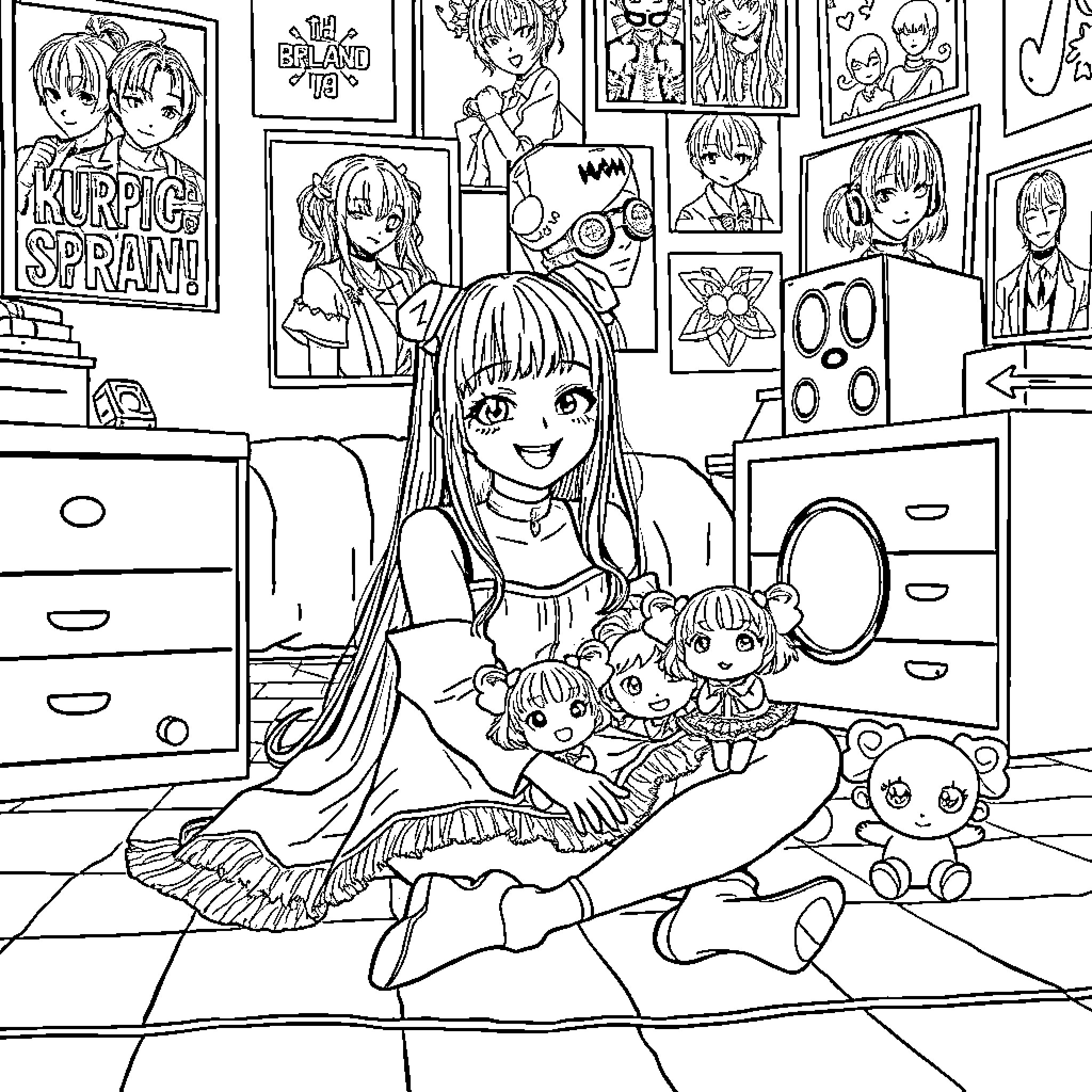 Rumi's Adorable Anime-Inspired Playroom Coloring Page (free black-and-white line drawing printable PDF for all, from beginners to advanced learners, including children, teens, adults, and seniors)