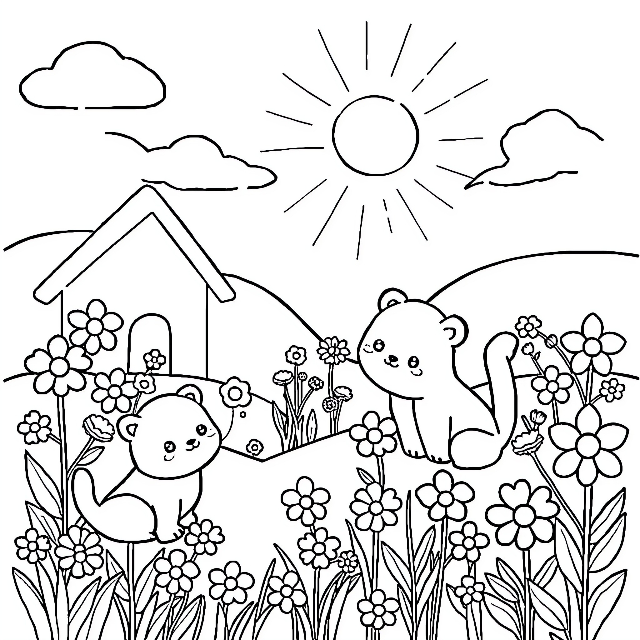 Kawaii Squirrels Playing in Flower Garden Coloring Page (free black-and-white line drawing printable PDF for all, from beginners to advanced learners, including children, teens, adults, and seniors)
