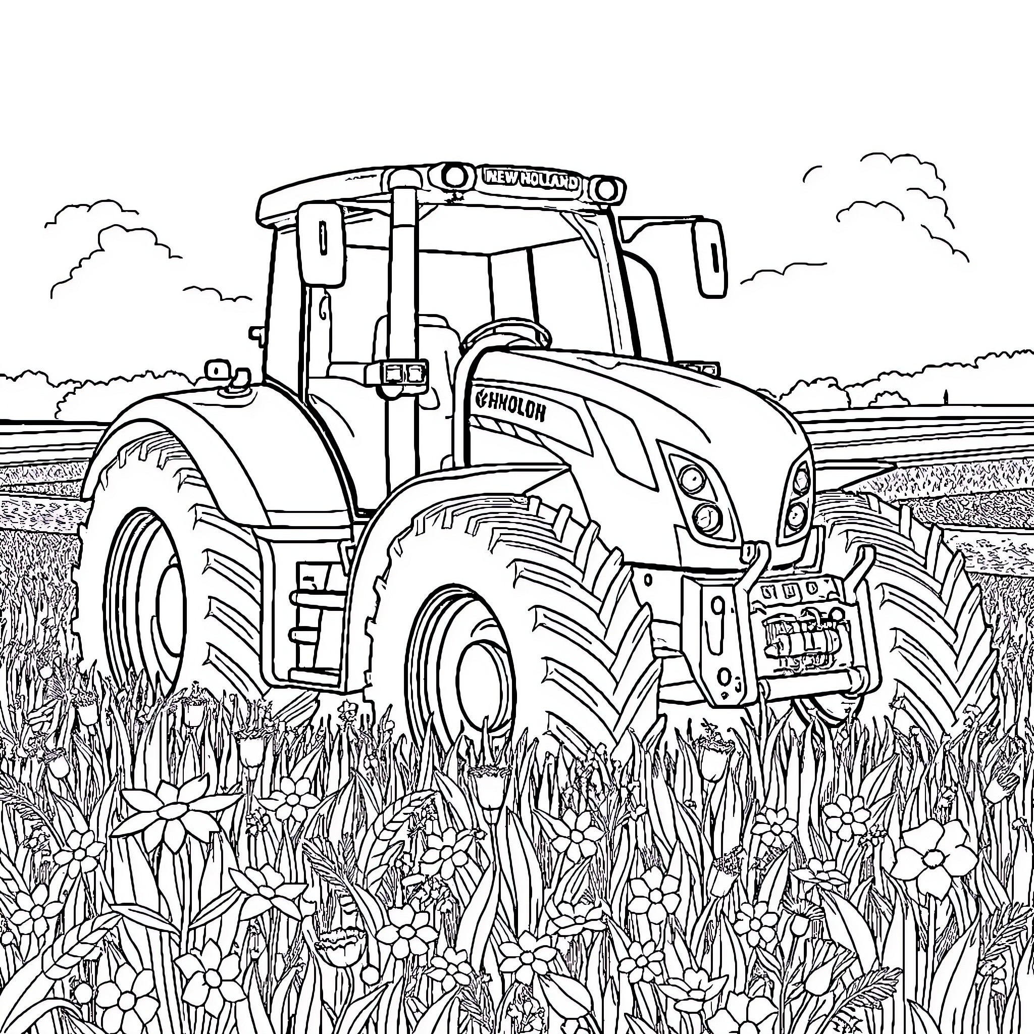 Tractor plowing through a lush field of flowers Coloring Page (free black-and-white line drawing printable PDF for all, from beginners to advanced learners, including children, teens, adults, and seniors)